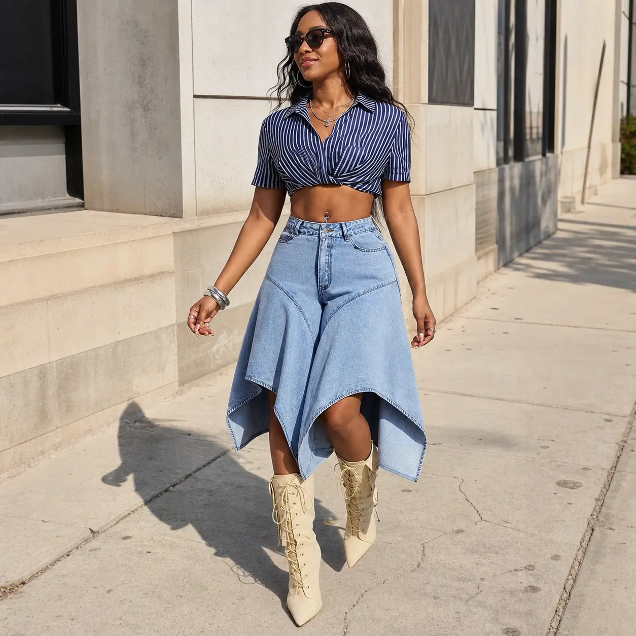 Women’s High Waist Denim Culotte Shorts, Light Blue Asymmetric Patchwork Wide Leg Summer Bottoms