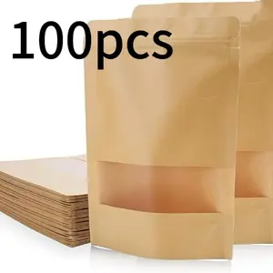 50/100 Kraft Paper Stand-Up Bags, Food Grade Moisture-Proof Tea Sealed Bags, Reusable Zipper Pouches for Nuts Grains Dried Fruits