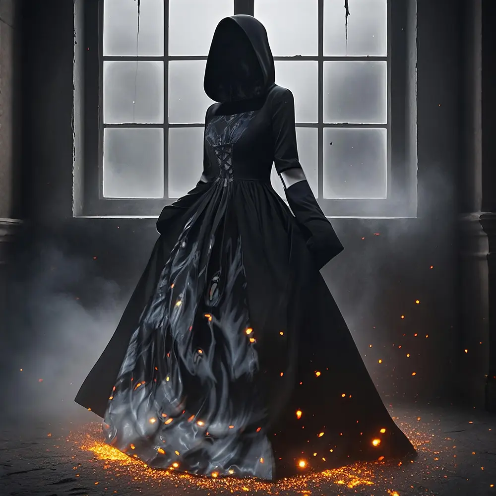 Hooded Witch Dress with Skull Details, Chic Loose Comfortable Fabric Wizard Cosplay Costume for Halloween Stage Party Show, Style