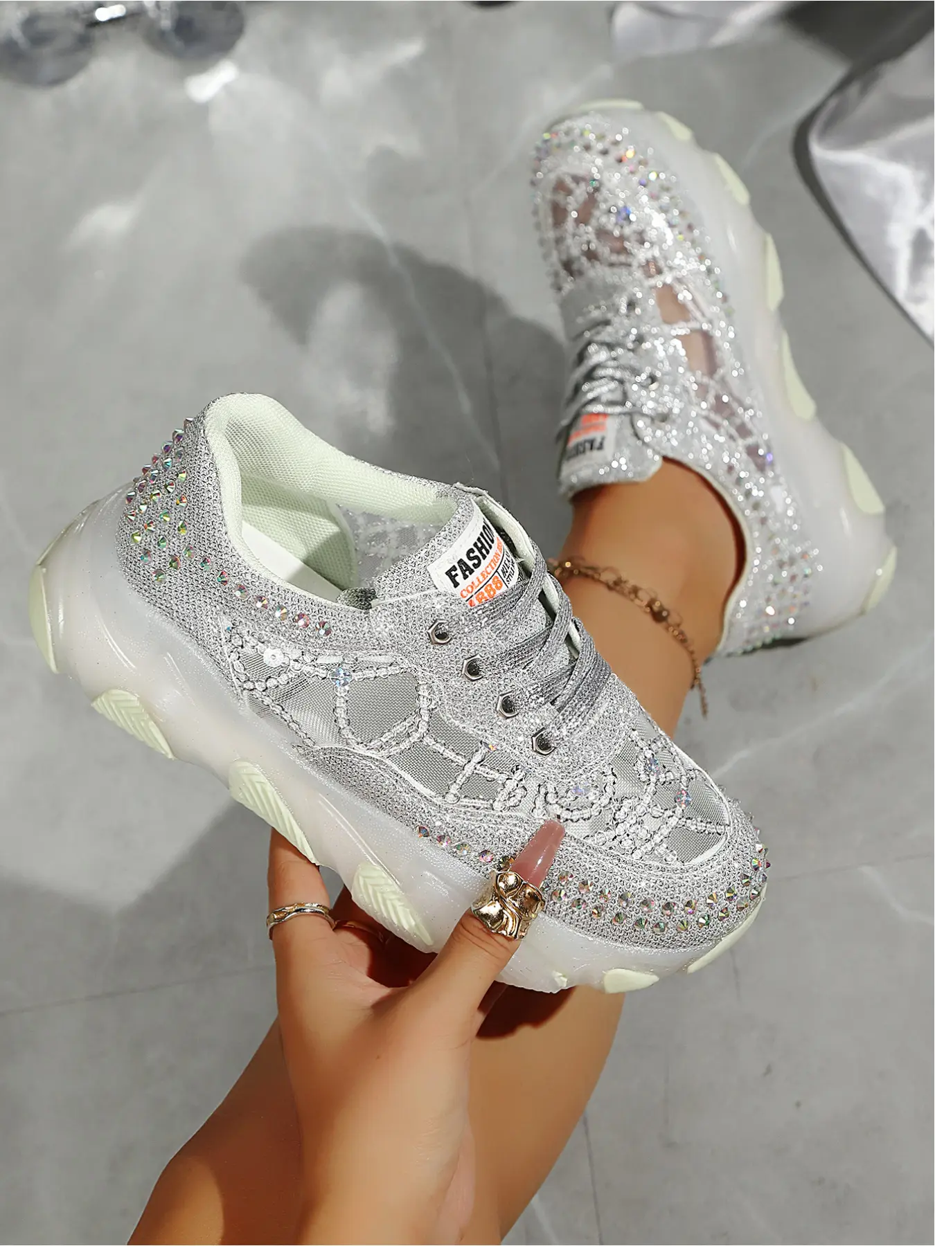 Women's Rhinestone Mesh Sparkle Platform Sneakers, Glitter Sequin Chunky Dad ShoesWomen's Rhinestone Mesh Platform Sneakers, Glitter Sequin Chunky Shoes