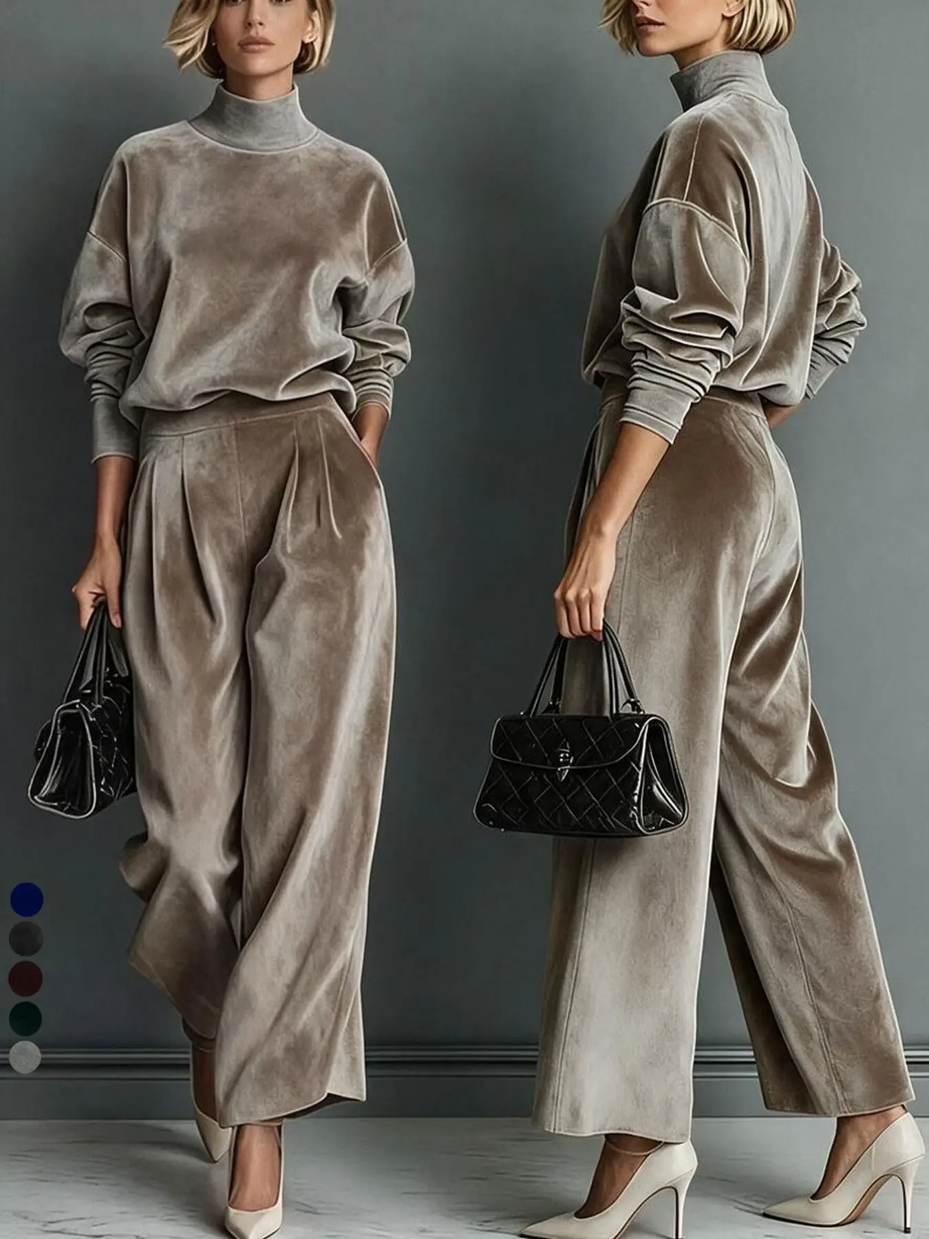 2026 Fall Winter Fashion Women's High Neck Long Sleeve Sweatshirt Set, Elegant Solid Color, Comfortable Wide Leg Pants, Casual Daily Wear, Everyday