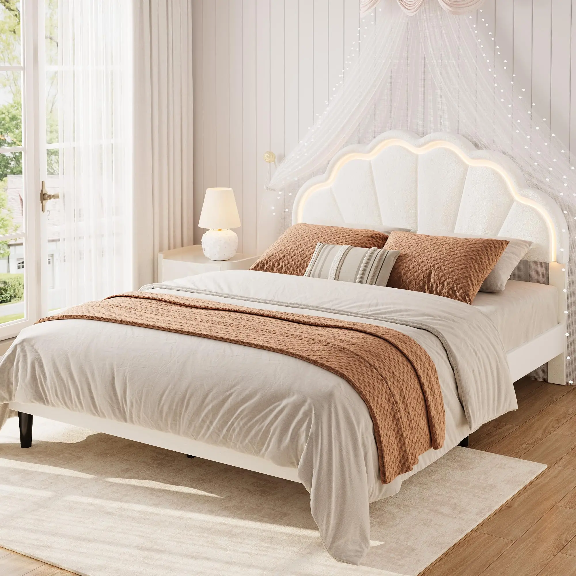 Twin/Full/Queen, Pink & White Velvet Bed Frame with LED Shell Headboard, Under-Bed Storage, Sturdy Steel Frame, No Box Spring, Noise-Free, Easy Assembly
