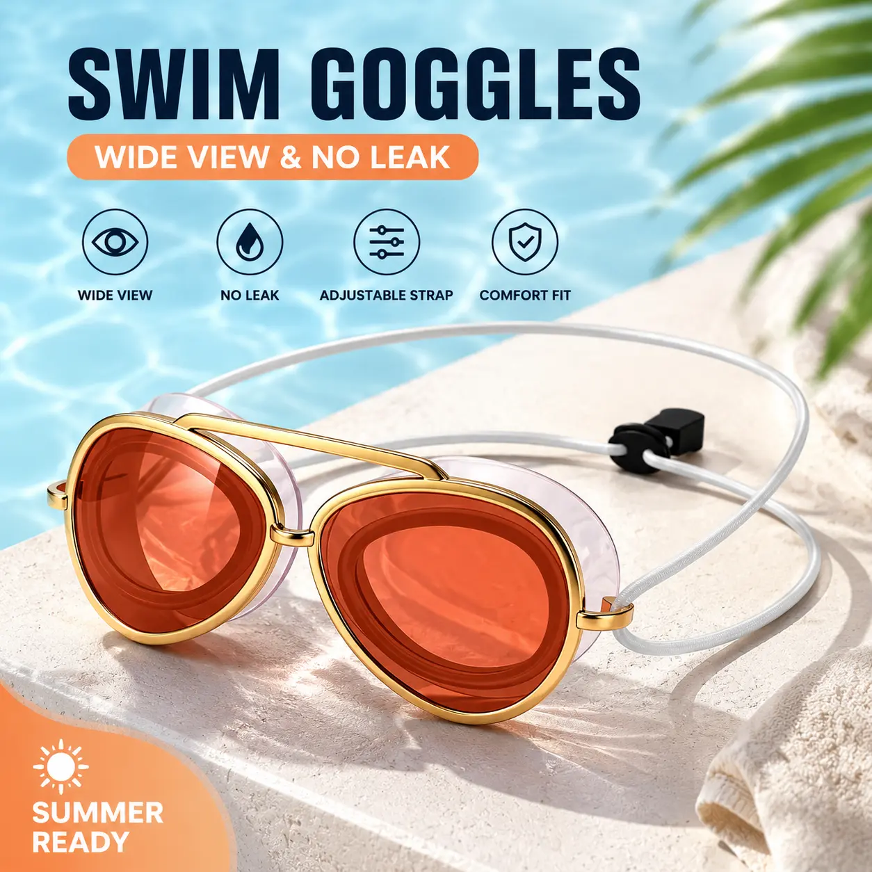 Sunglasses Goggles for Adult Women Men Retro Pilot Swim Goggles No Leak Wide View Pool Glasses with Adjustable Elastic Strap for Summer Outdoor Travel(