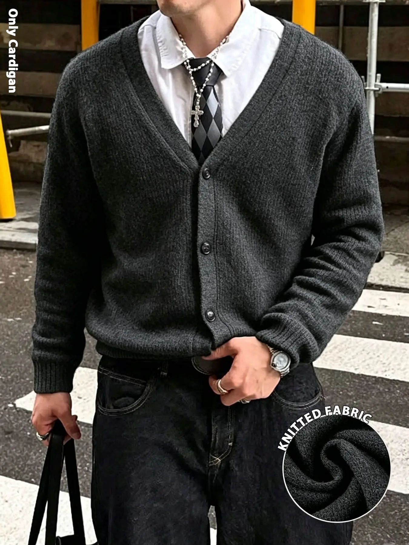 Men's V‑Neck Button‑Up Knit Cardigan, Knitwear, Soft Knitted Fabric, Grunge Dark Academia Style, For Daily Commute, Layering Look, Casual Gathering