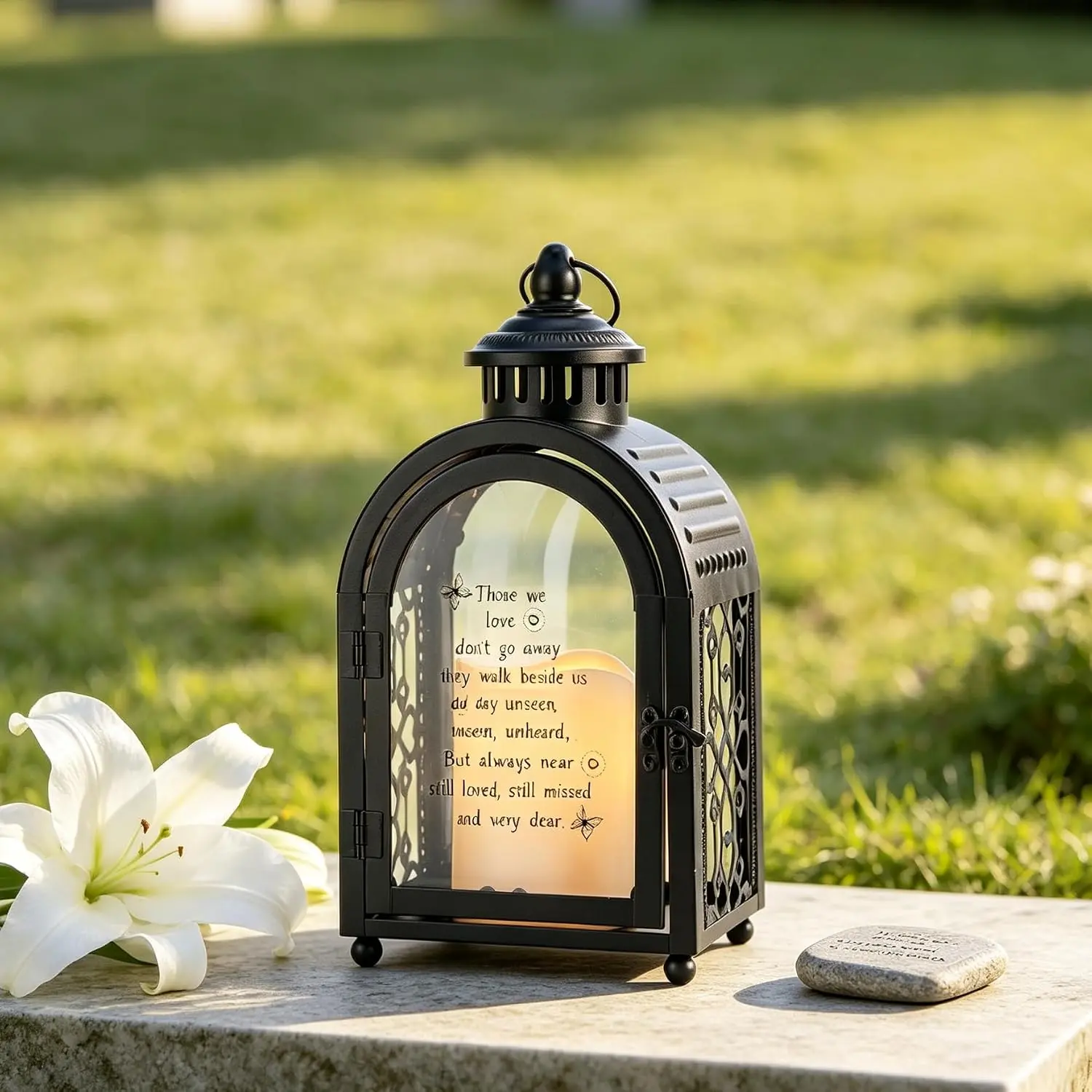 Memorial Lantern 11'' High Walk Beside  Remembrance Lantern With Automatic Timer LED Candle And Love  Bereavement Sympathy Gifts For Funeral Memorial Service Loss of Loved (Black)