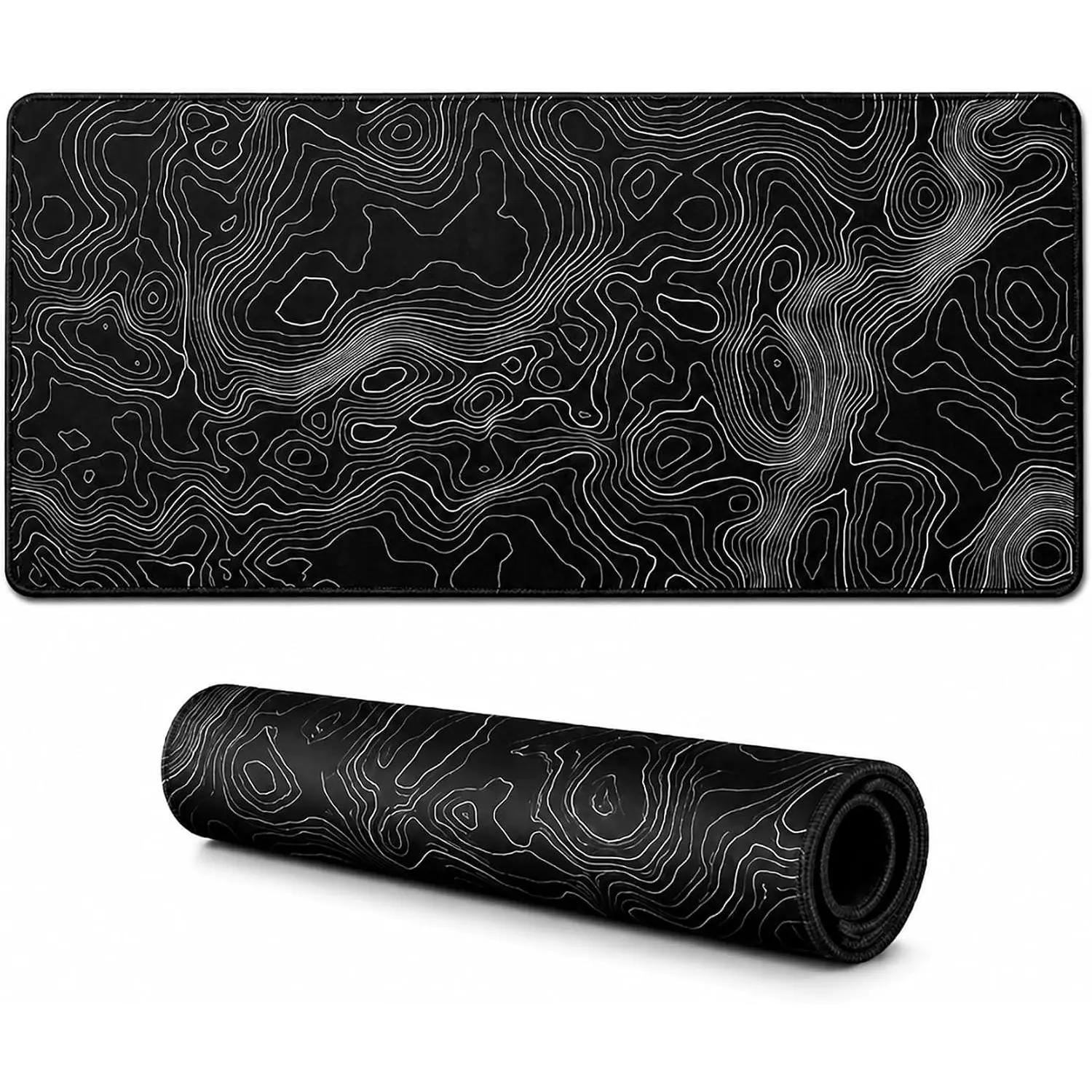Topographic Gaming  Pad 31.5x11.8 Inch, Black White Desk Mat Extended | Minimalist Contour Line Design with  Non-Slip Rubber Base, Stitched Edges Desk Pad for Gaming, Office Setup