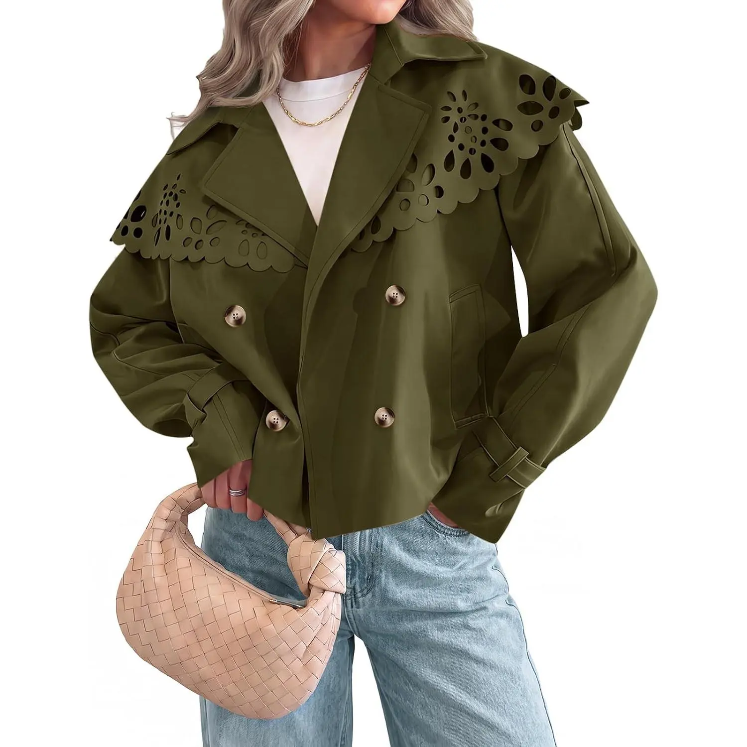 Tankaneo Women's Cropped Trench Coat - Chic Polyester Fabric Long Sleeve Oversized Cape with Hollow Floral Shoulders, Lightweight Spring Fall Casual Tops Jackets