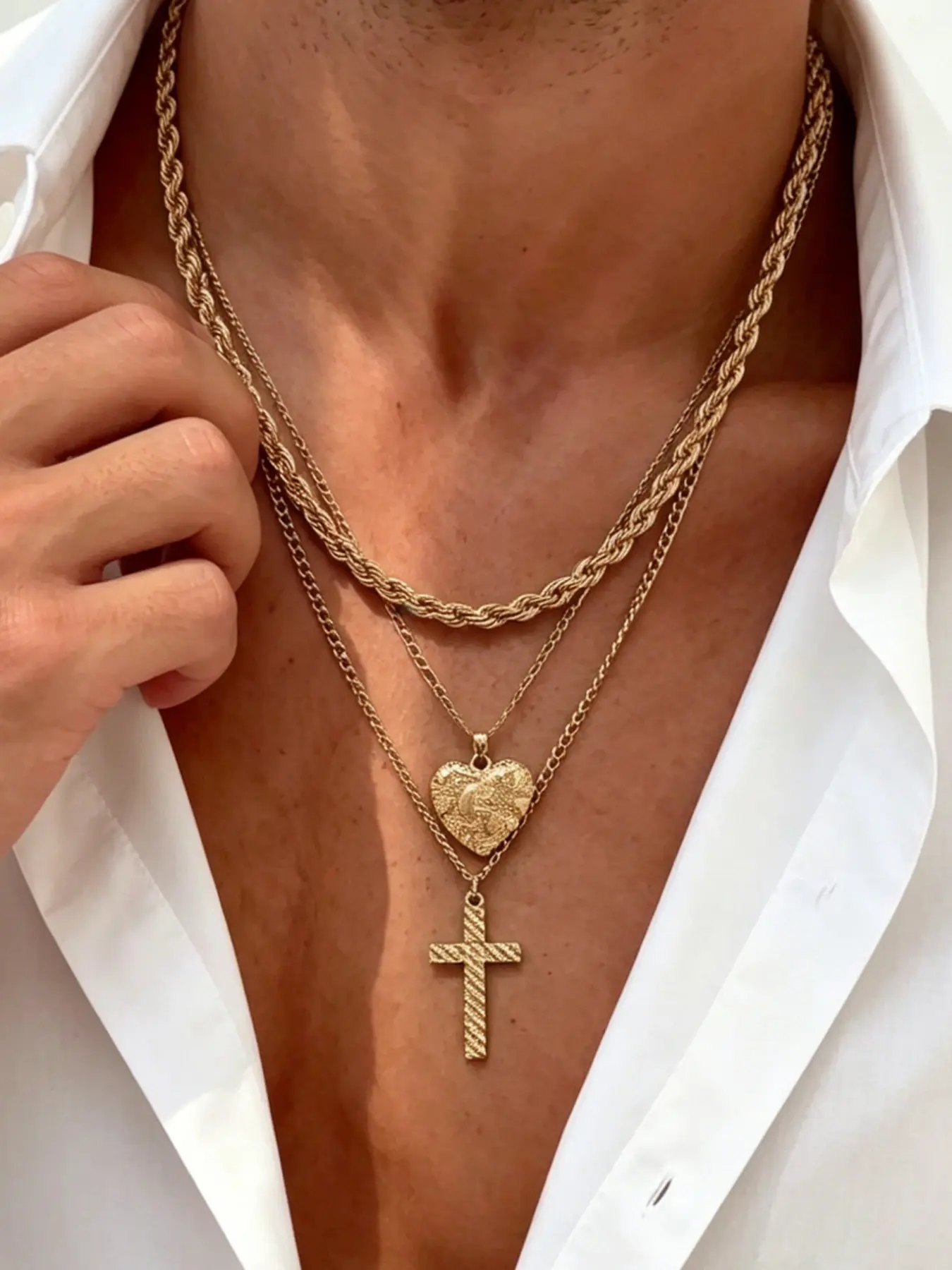 Men's Three-Layer Twisted Rope Necklace, Vintage Heart and Cross Pendants, Stackable Hip Hop Street Style Religious Jewelry