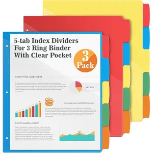 5-tab Index Dividers with 3 Holes Punched, Set of 3 Plastic Dividers with Clear Front Pocket, Multicolor Dividers for 3 Ring Binders, 15 count Dividers for School & Office Supplies