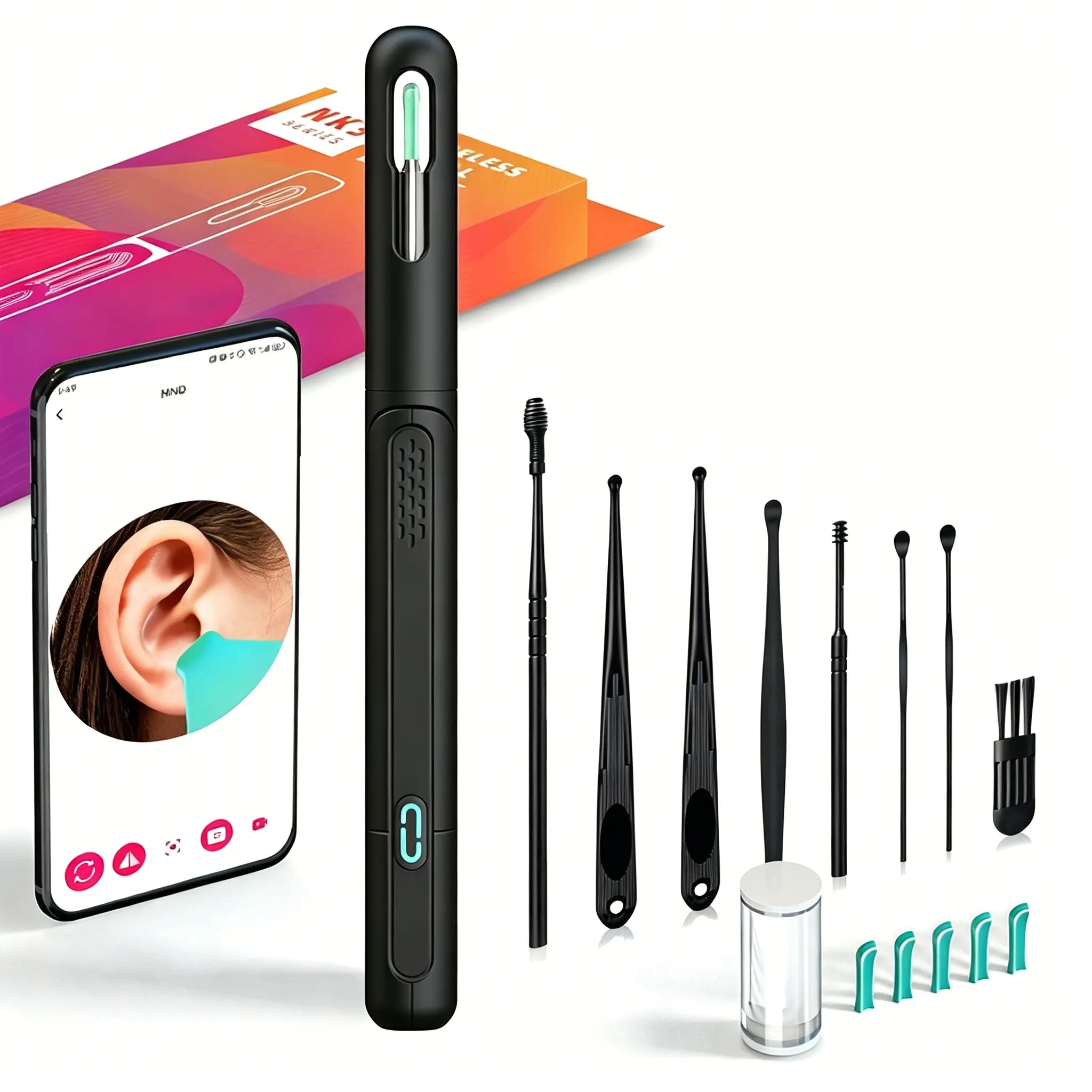 Smart WiFi Visual Ear Otoscope, Portable Ear Camera Ear Cleaning Set, Earwax Removal Products, Reusable Ear Spoon Tips for Daily Ear Care at Home