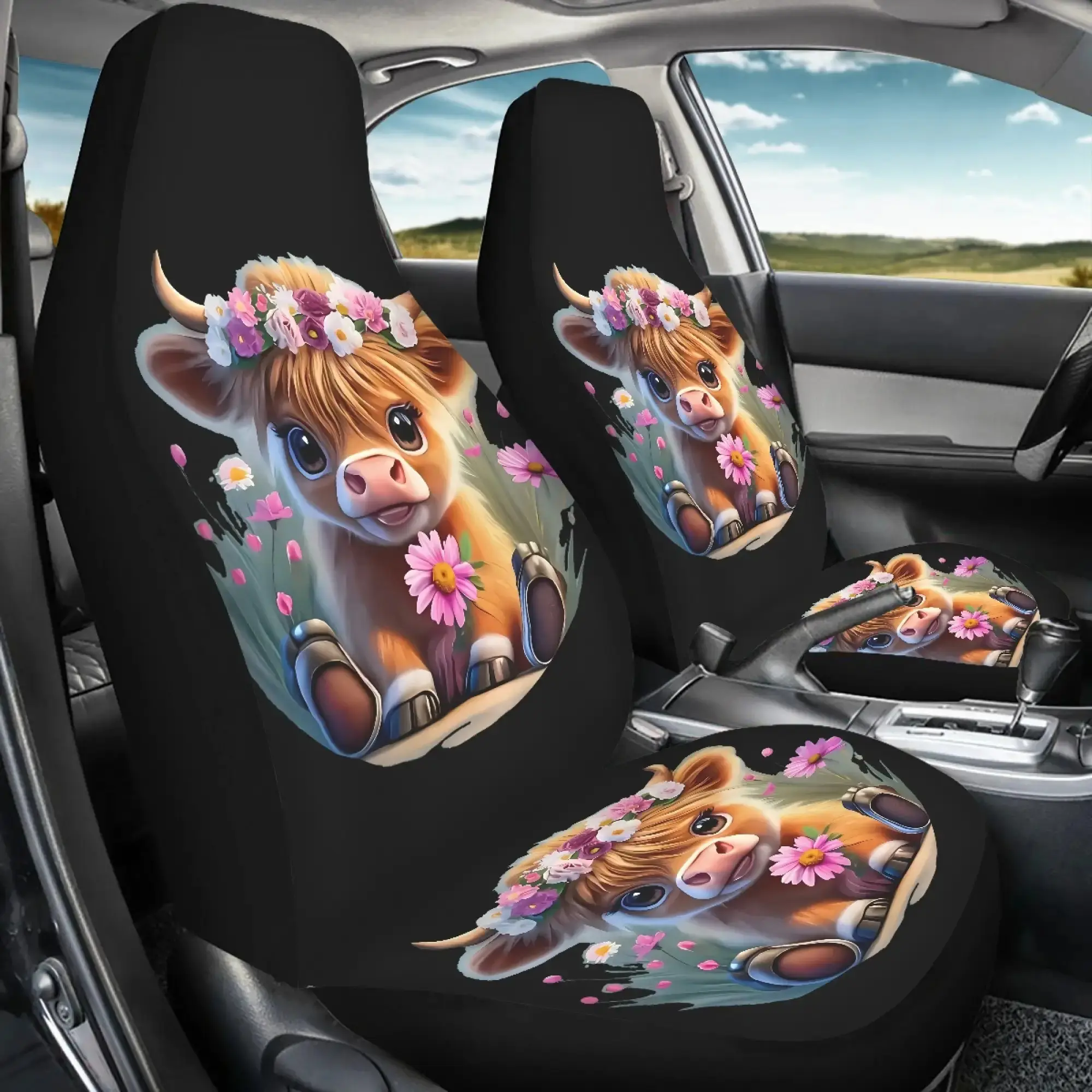 2pcs Highland Cattle Pattern Car Seat Covers, for Women And for Man, Universal Automotive Front Seats Protector Fits for Car, SUV Sedan, Truck, Sedan, Front Bucket Seats Protector Washabl, Easy to Install for All Seasons