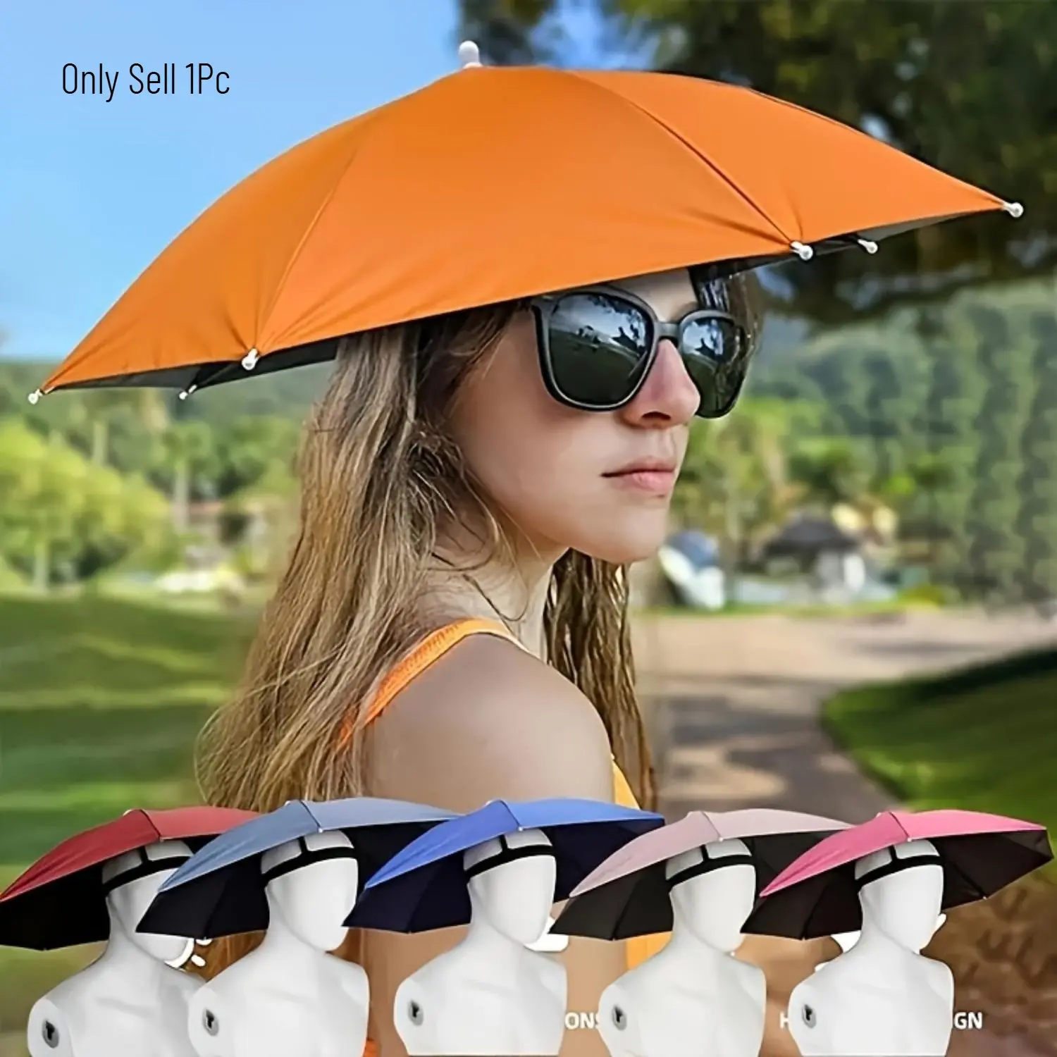 1pc Adjustable Head-Mounted Umbrella Hat, Suitable for Fishing, Camping And Gardening. Windproof ABS Material with Elastic Neckline, Compact Foldable Design, Without Battery