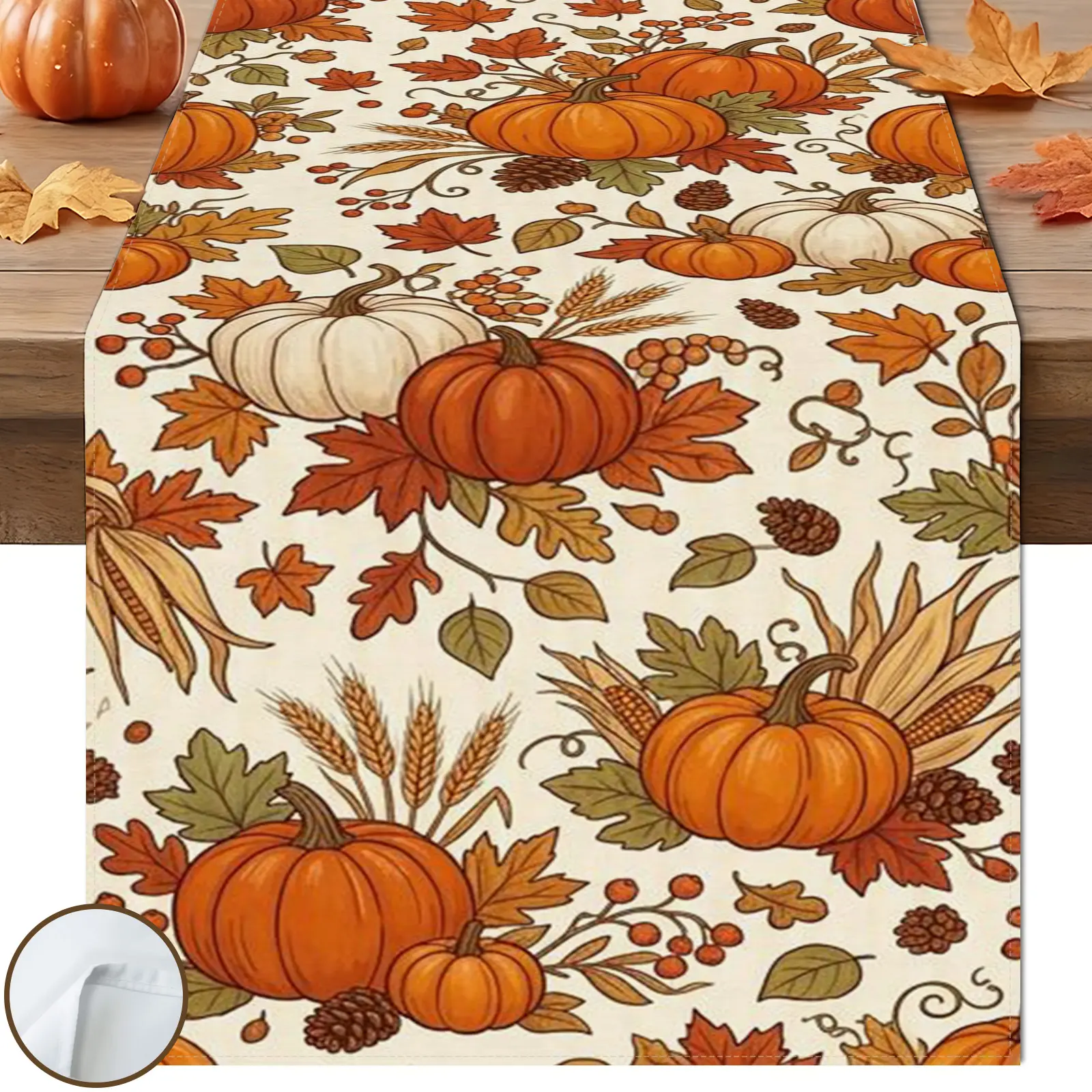 1pc Pumpkin Maple Leaf Table Runner, Hand Drawn Harvest Style, White Pumpkin Corn Wheat Berry Pinecone Allover Design, for Thanksgiving Table Decor