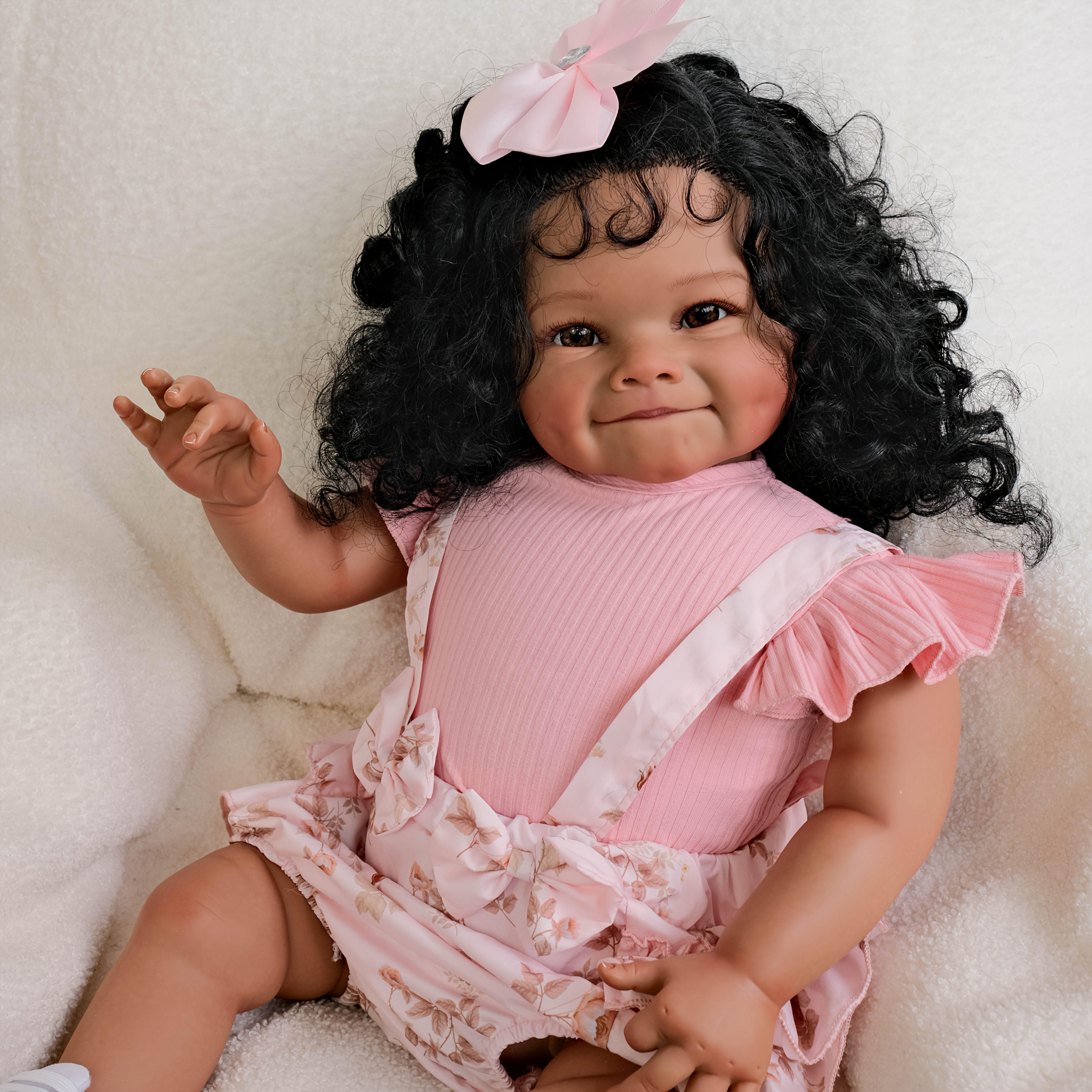 A complete set for the baby 24inch Realistic Reborn Girl Smile Doll Soft Touch HandPainted 3D Light Beige HandPlanted Curly Black Hair for Play and Collection with Clothing and Accessories Ideal for Birthday Gift