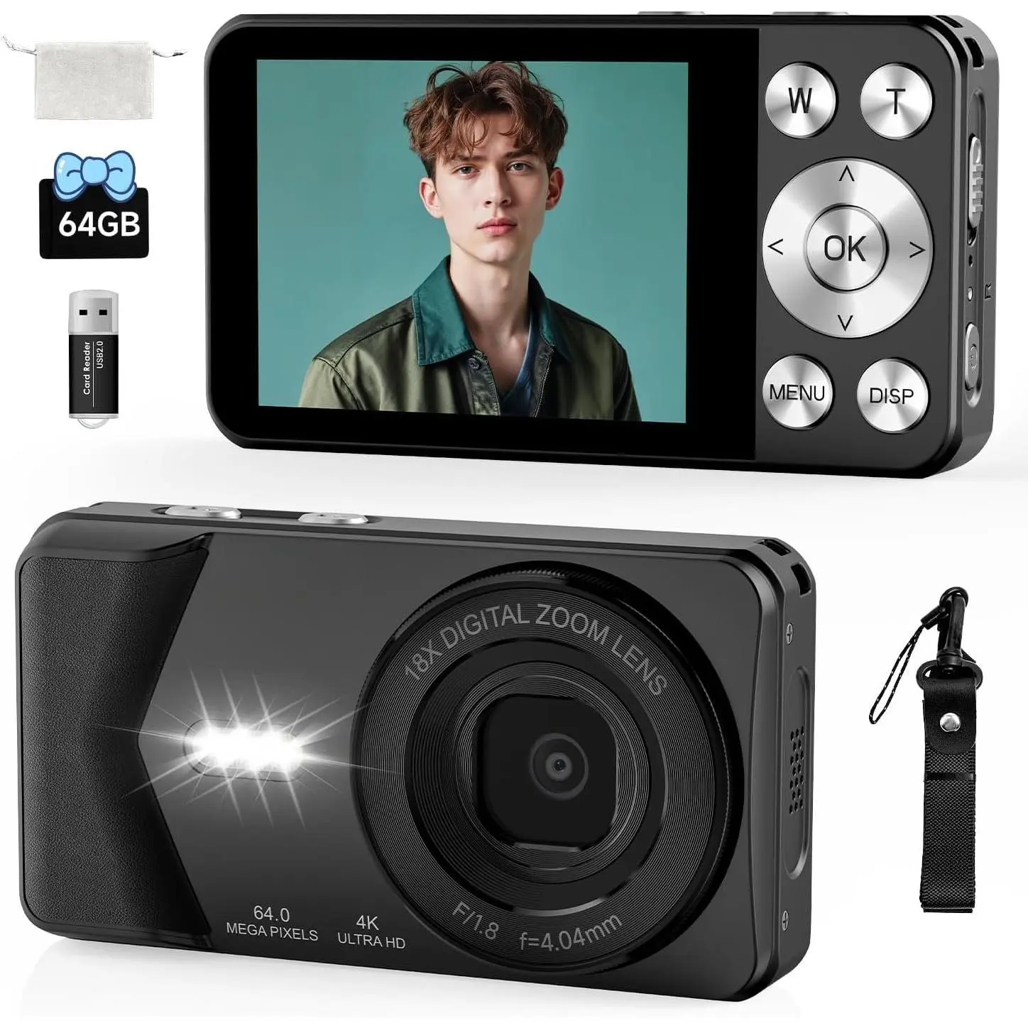 4K Digital Camera,  64MP Point and Shoot Digital Camera with Autofocus, 18X Zoom, 20 Filters, 64GB SD Card, 2000 mAh , 2.8" Screen Compact Vlogging Camera for Beginners Teens Adult(Black)