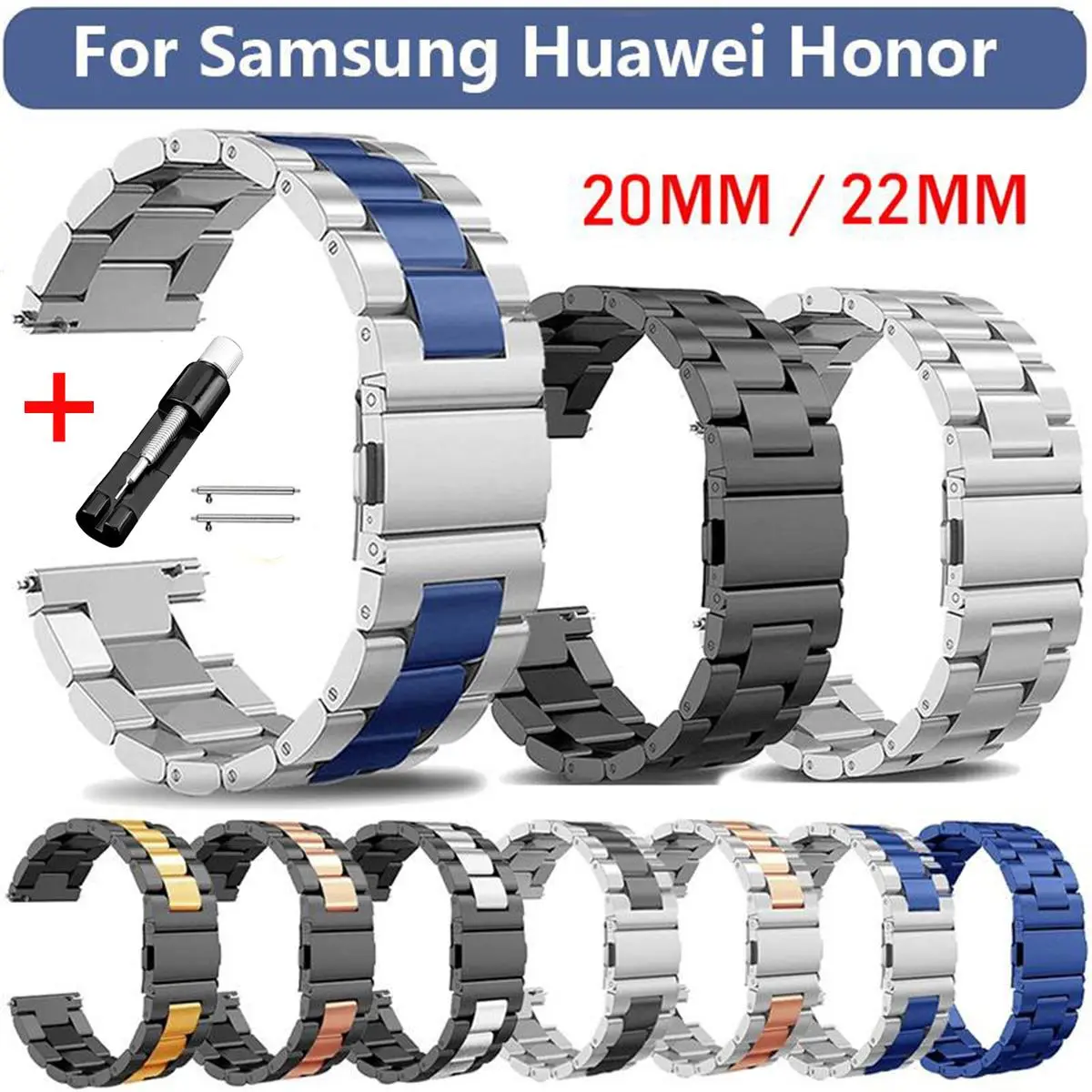 18/20/22mm Quick Release Metal Watch Band, Adjustable Waterproof Sport Strap for Samsung Galaxy Watch 4 5 6 7 8/Active2/Gear S3/Watch3, Huawei GT6/5/4, Honor, Amazfit GTS, Men Women Business Watch Accessory, Daily Wear Gift for Mother’s Day Father’s Day