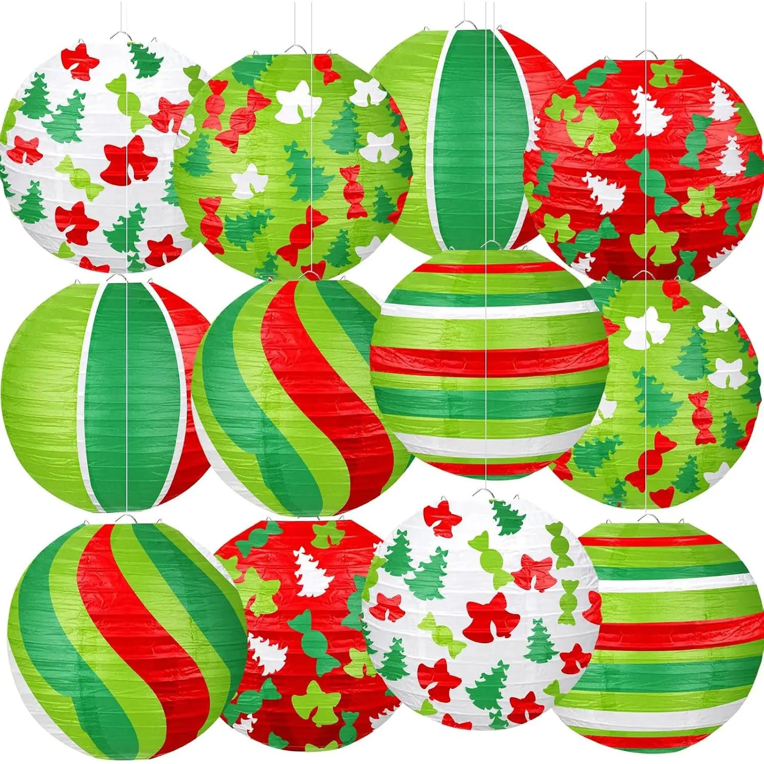Christmas Paper Lanterns, 12 count Christmas  Paper Lanterns Indoor Outdoor, Red Green and White Xmas Tree Candy  Lantern for Christmas Party Decorations  Holiday Decor