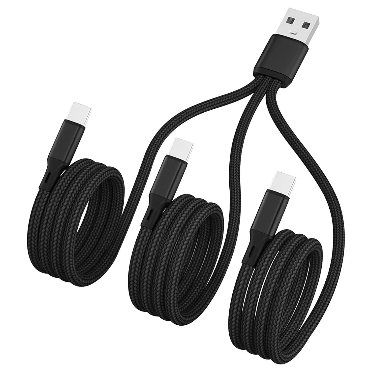 Multi USB-C  4FT, 3 in 1 Multiple Type C ,3A Splitter USB-C , Black Nylon Cord,USB A to 3 USB C Port,Compatible with  15,iPad Pro/Air, S24,,Android,Kindle fire