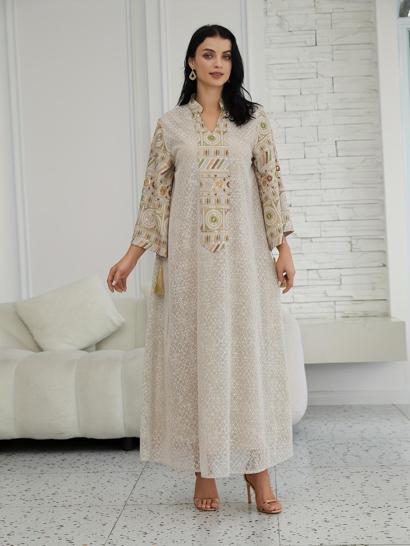 Directional Stock Middle Eastern Women'S Ramadan New Traditional Style Fashion Elegant Sequin Mesh Dress Jalabiya Evening Gown, Abayas Women'S Robe Kaftan Gown, Suitable for Festive Occasions And Parties