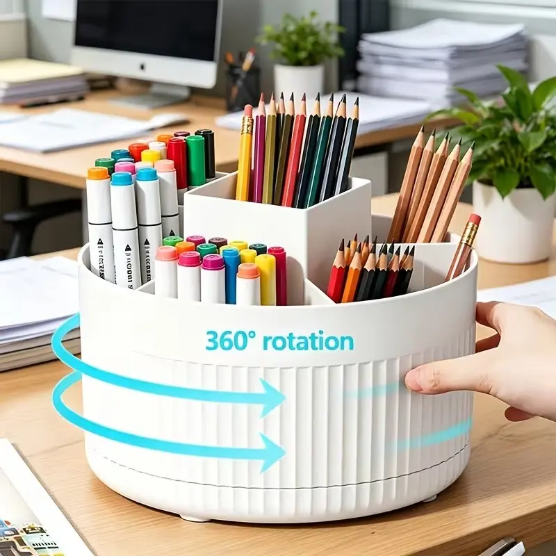 360° Rotating Five-Compartment Pen Pencil Holder, Large Capacity Portable Stationery Organizer, Space-Saving Desk Storage Rack for Office and Bedroom