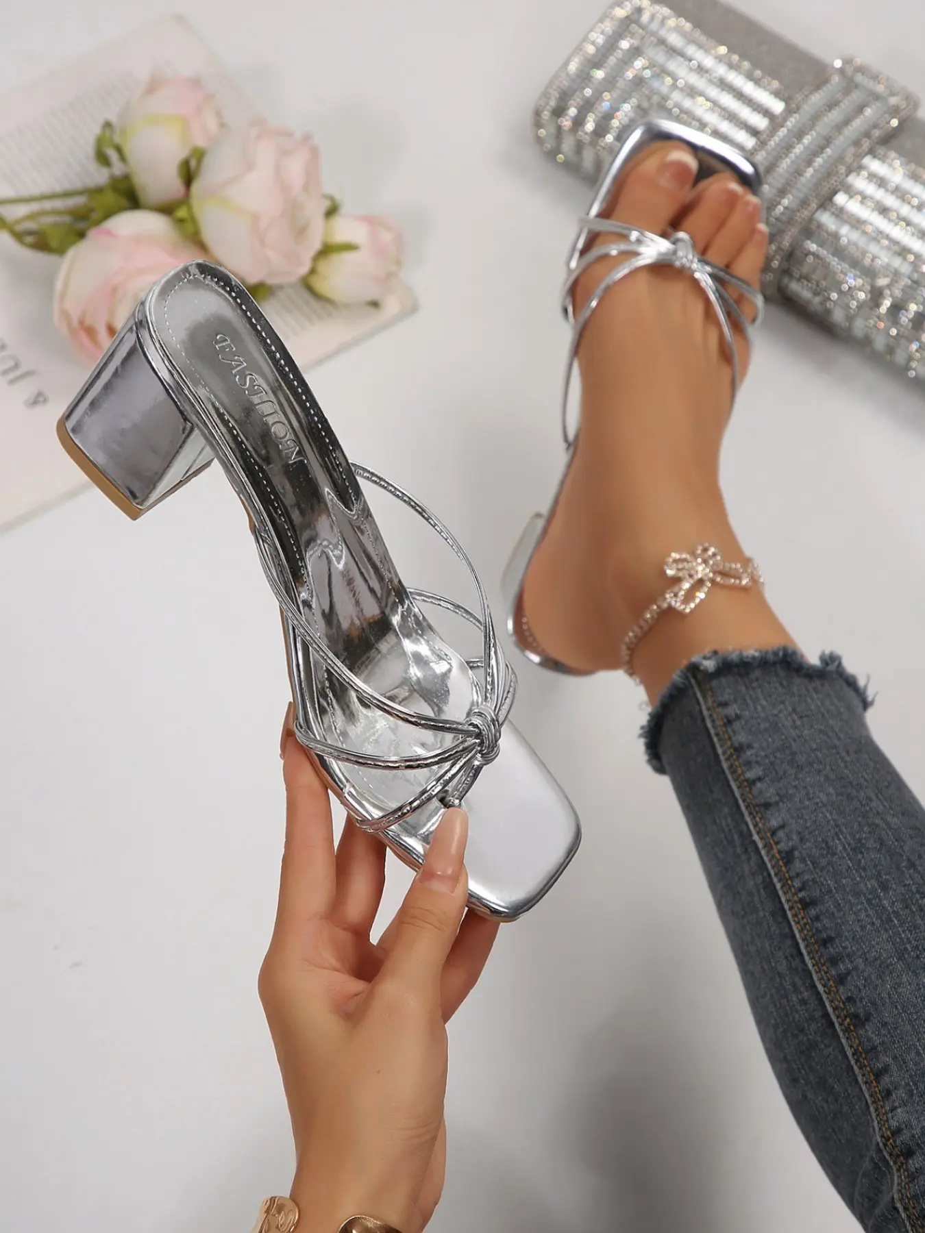 Elegant Women's High Heel Sandals, Fashionable Heeled Sandals, Slim Strap Thick Heel, Square Toe Slip-On, Summer Fashion Footwear, Chic Summer Footwear, Stylish and Comfortable