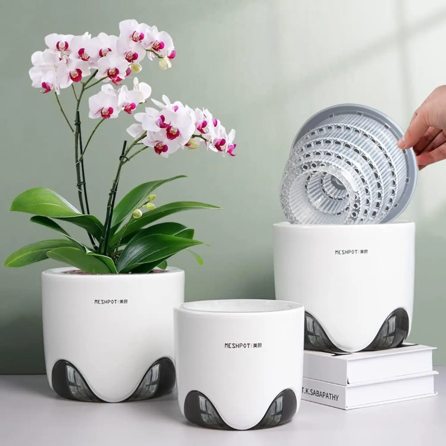 1 PACK Orchid Pots with Holes for Repotting, Double Layer Plastic Imitate Ceramic Orchid Planter Provide Good Air Circulation, Clear Orchid Pot Match Decorative Orchid Container, 5 Inch, Set of 1, Plastic Planters