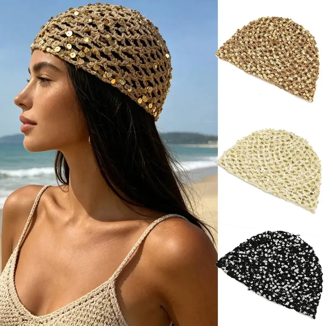 Women's Summer Sequined Knitted Beanie Hat Y2K Hollow Out Breathable Crochet Hat for Beach Vacation