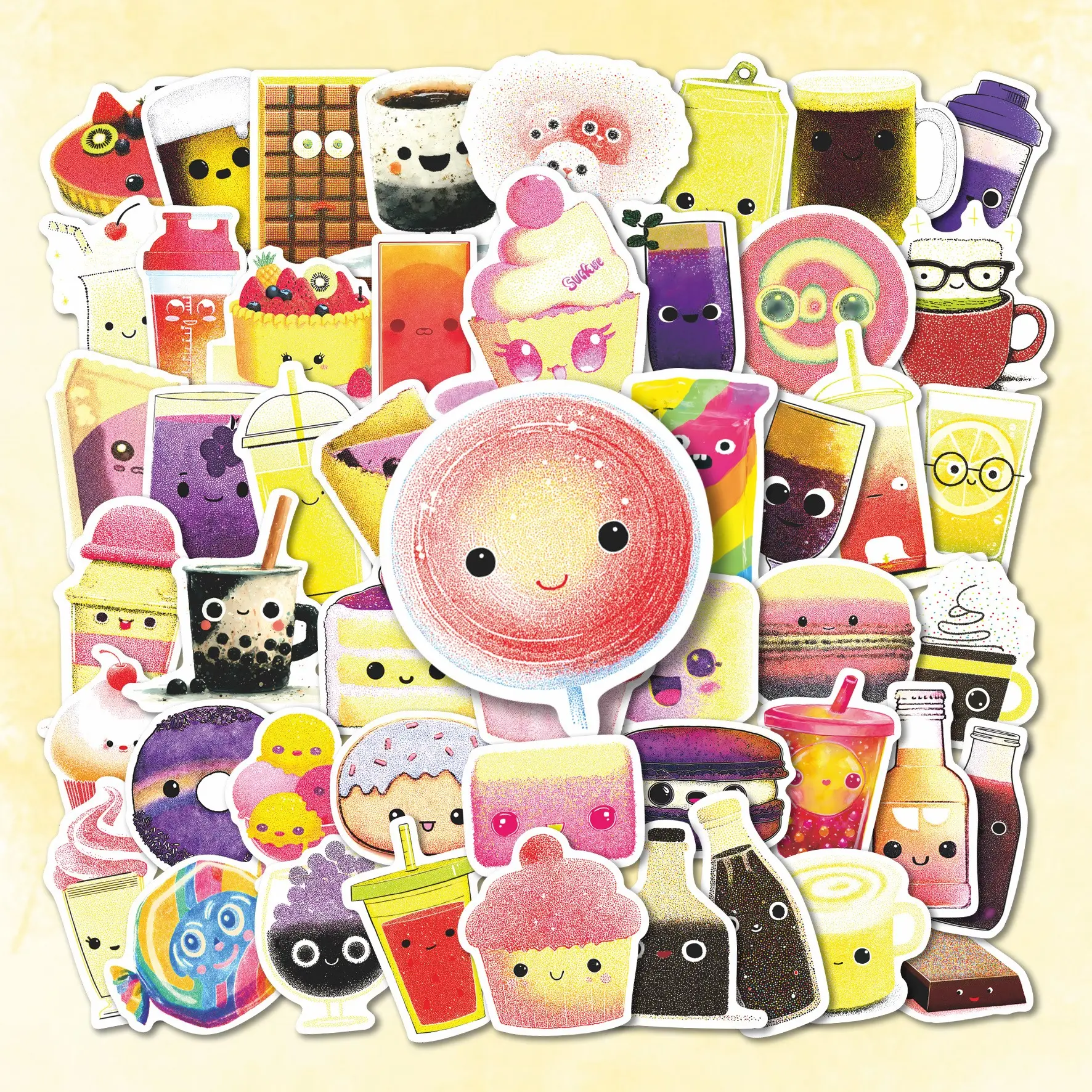 50Pcs Cute Dessert & Drink Cartoon Stickers Pack, Waterproof Kawaii Bubble Tea, Cake & Juice Vinyl Decals for Water Bottle, Laptop, Phone Case & Scrapbook, Food Lover Gift