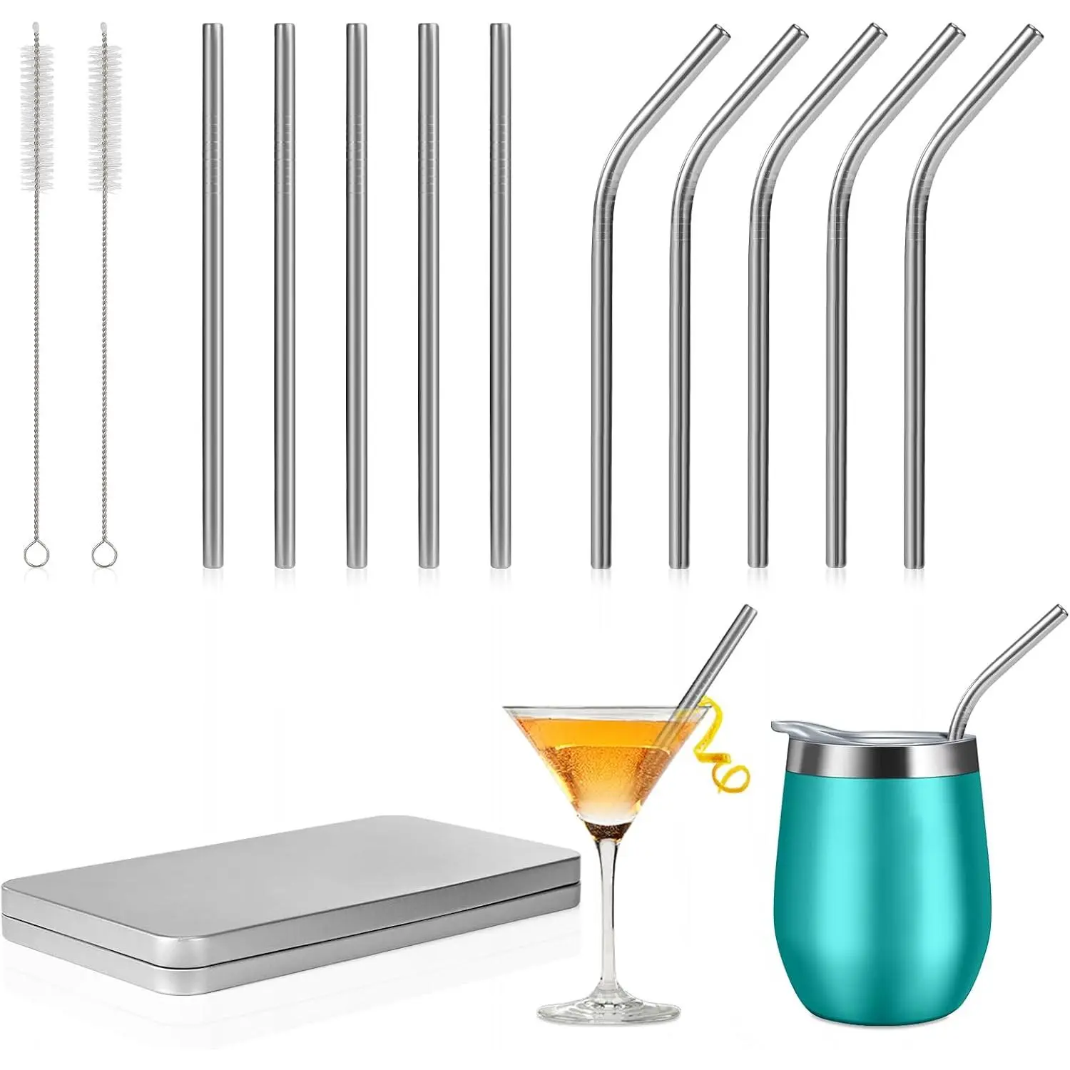 [10 Pcs] 6 Inch Metal Drinking Straws - 0.24" Diameter 304 Stainless Steel Straw for  Coffee Margaret, 5 Bent 5 Straight  Short Straws for Kitchen, Bar,Party