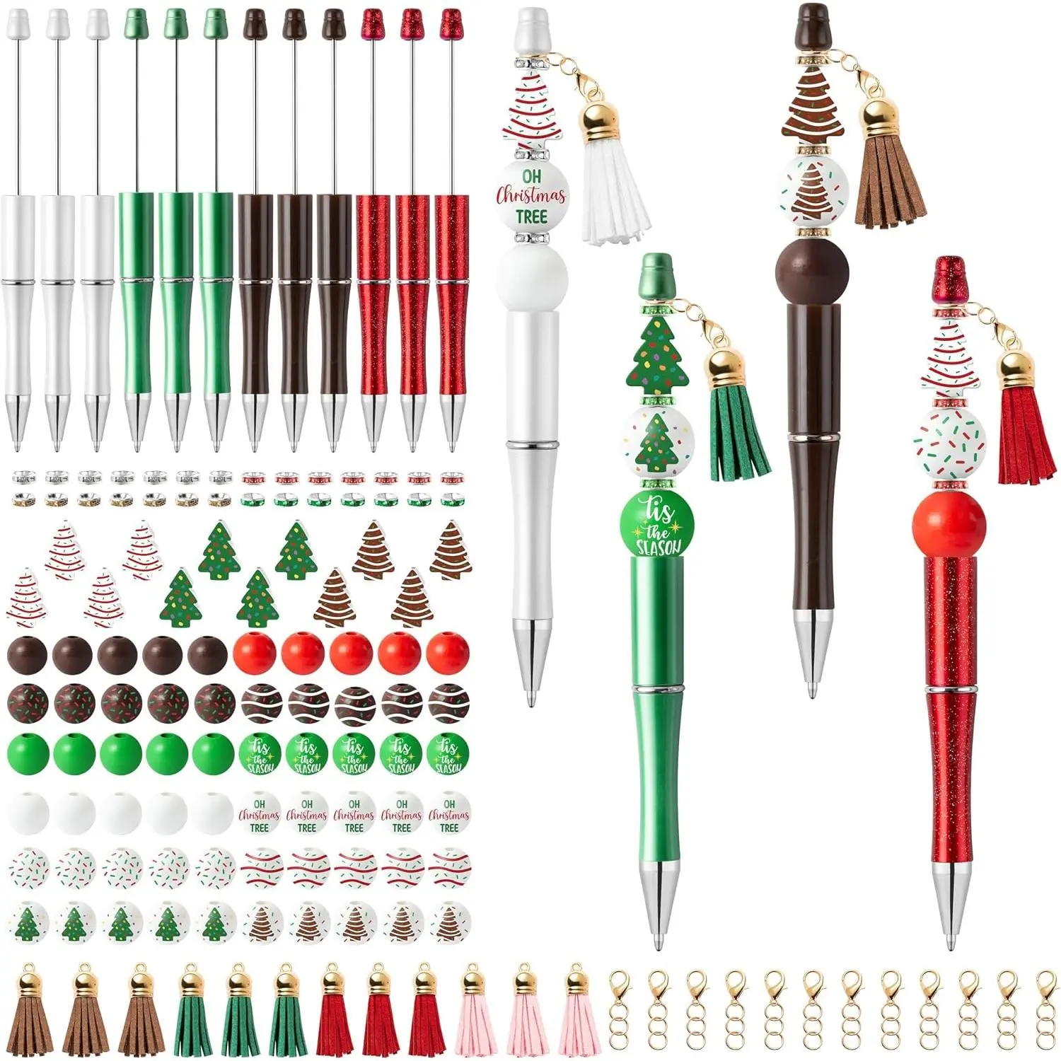 Christmas Beadable Pens Kits - 12 Set Xmas DIY Ballpoint Pens Making with Beads Craft, Christmas Party Tree Cake Beaded Pen Bulk  Crafting Supplies for Winter School Students