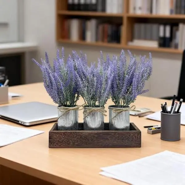3-Piece Lavender Flowers Artificial with Decorative Wood Tray Set, Paper Pulp Pots with Galvanized Metal Bucket, Faux Greenery Dining Room Table Centerpiece for Kitchen, Coffee Table & Office