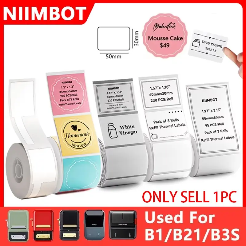Niimbot Thermal Label Paper (1 Roll) for B1/b21 Portable Printers, Colorful, Transparent, Cable Labels, Oil-Resistant, UV-Protective, Self-Adhesive