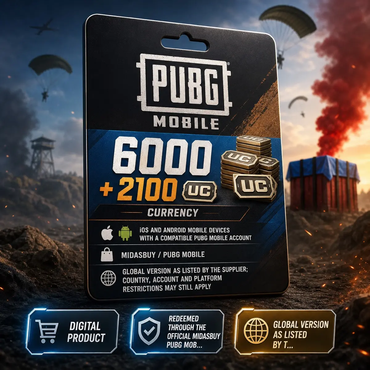 PUBG MOBILE 6000 + 2100 UC Digital Code, Currency, iOS and Android mobile devices with a compatible PUBG MOBILE account, Midasbuy / PUBG MOBILE, Global version as listed by the supplier