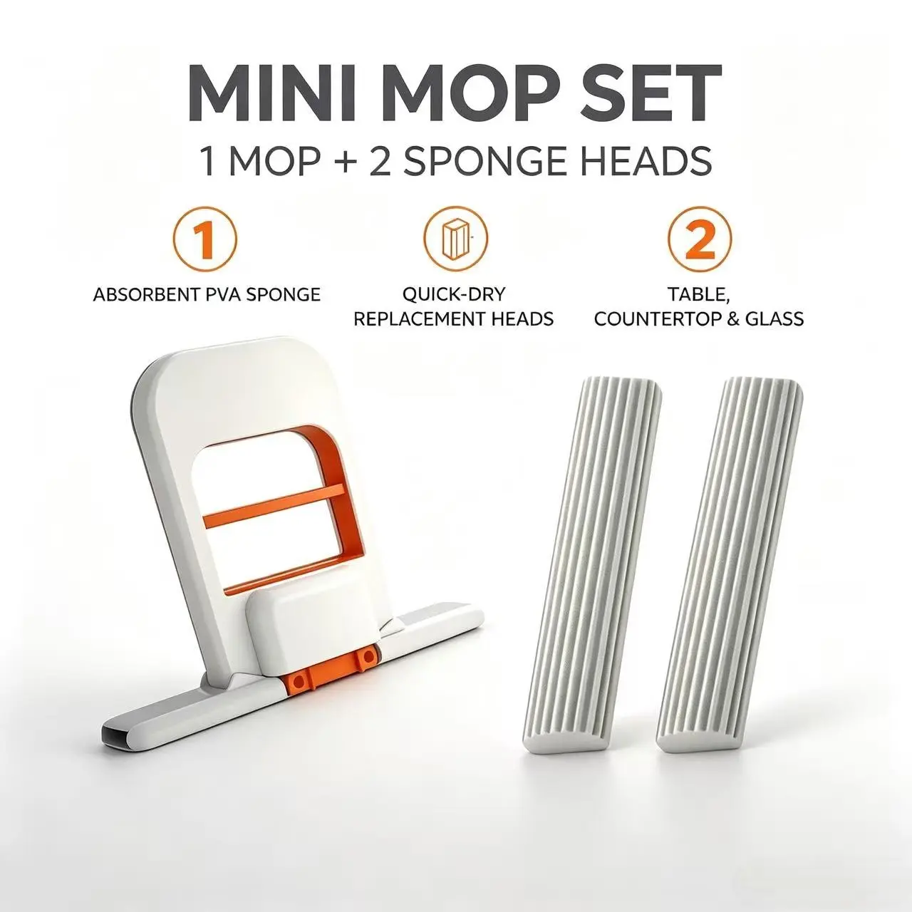 3-Piece Mini Mop Set, Foldable Desktop Cleaner, Quick Clean Sponge, Space-Saving Handheld System, Durable Plastic, Home Office Kitchen