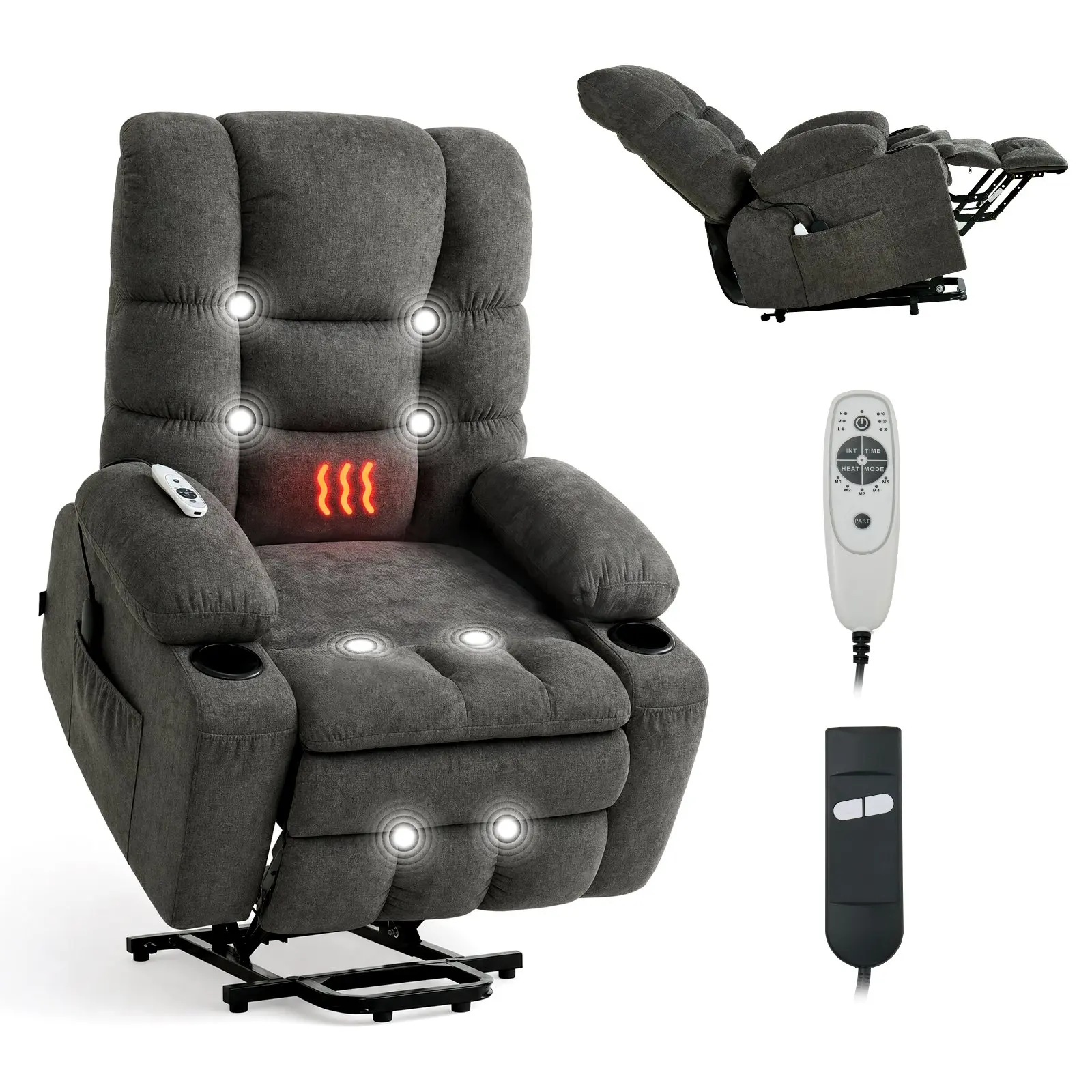 VEVOR Adjustable Electric Power Lift Recliner Chair, Large Chenille Remote Control Chair with Heat & Massage for Elderly, Infinite Position Adjustment, Side Storage Pockets, Cup Holders, USB Port, Dark Gray