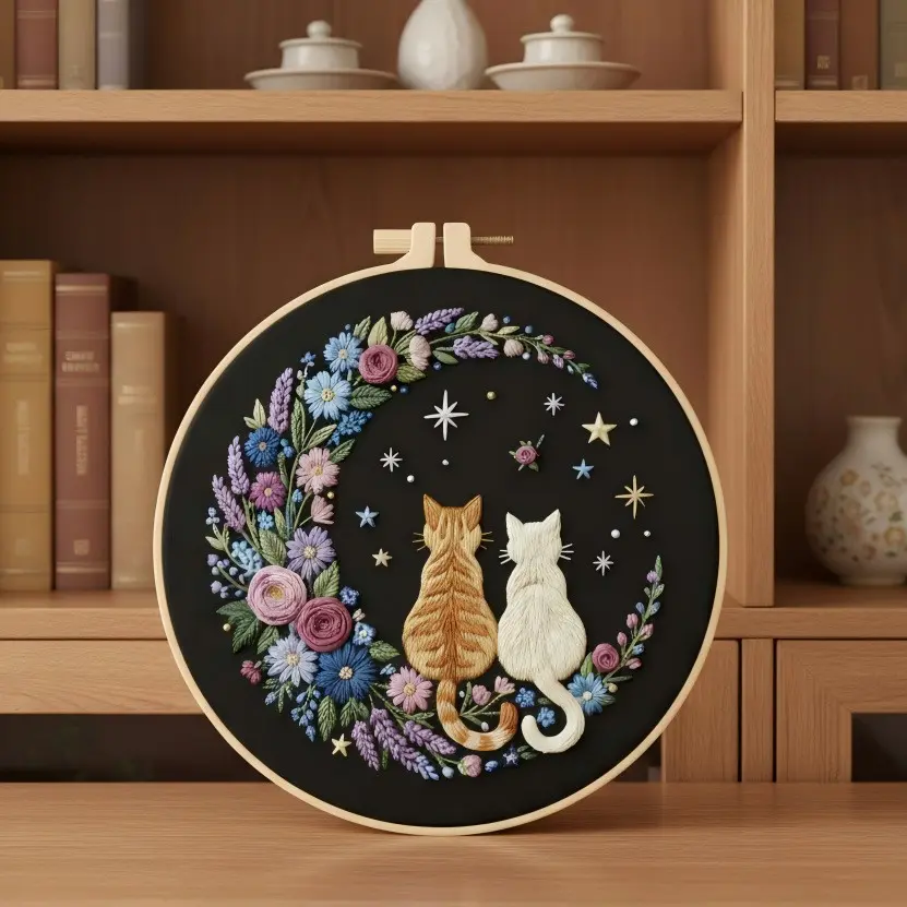 Beginner Embroidery Craft Kit, Elegant Cross Stitch Set, Starry Animal Design, DIY Embroidery Supplies, Includes Fabric, Thread, Needle, Instructions