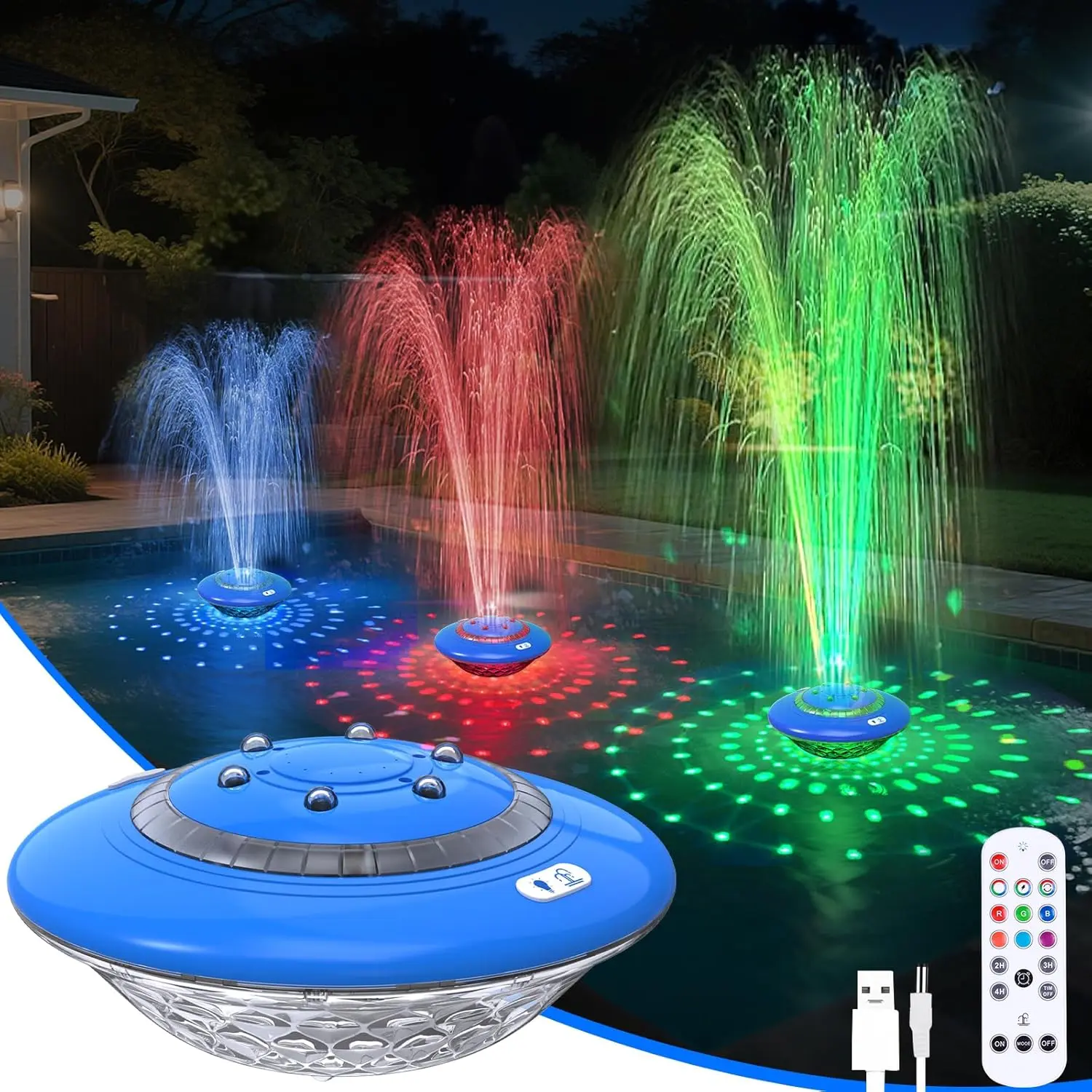 Floating Pool Fountain with Lights Show, 9 Pool Light Modes and 3 Fountain Modes with Remote for Inground Above Ground Pool, Upgraded Rechargeable Pool Fountains with Anchor-1 PC