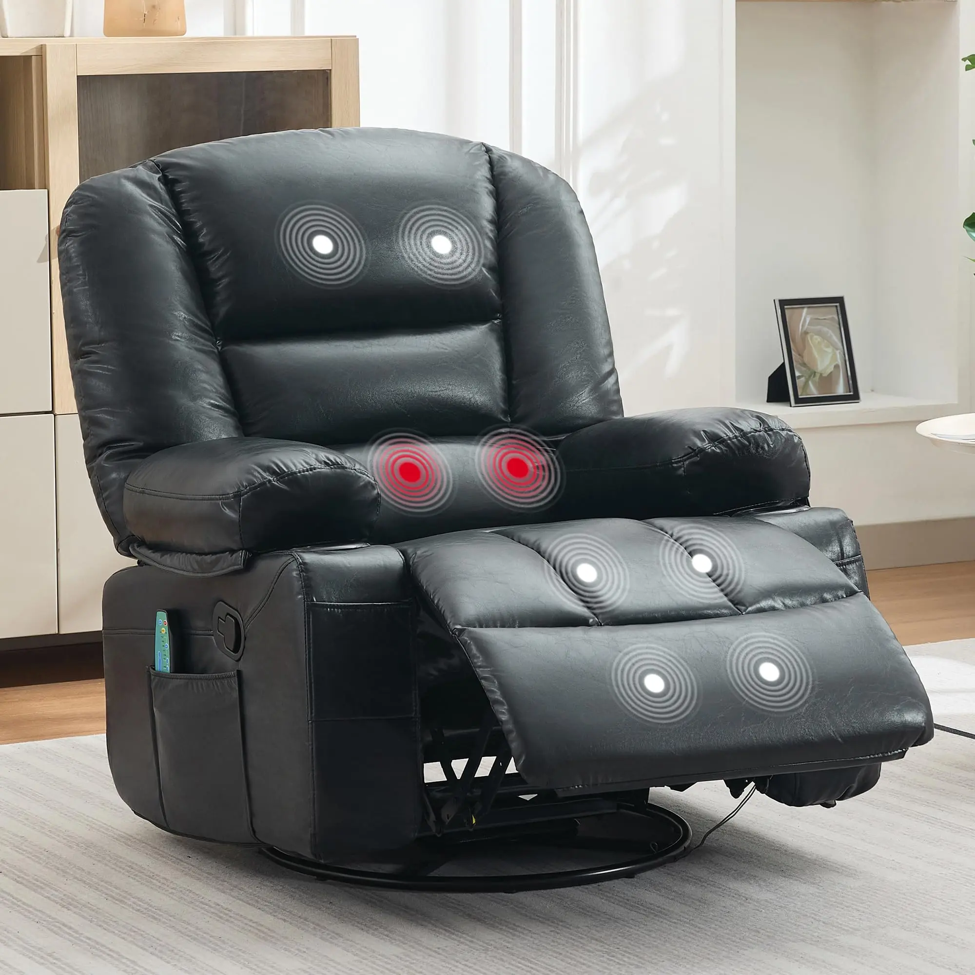 Swivel Recliner Chair with Vibration Massage and Heating, Plush Chenille Upholstered, Storage Armrest and Cup Holder, Remote Control for Living Room, Bedroom, Home Theater