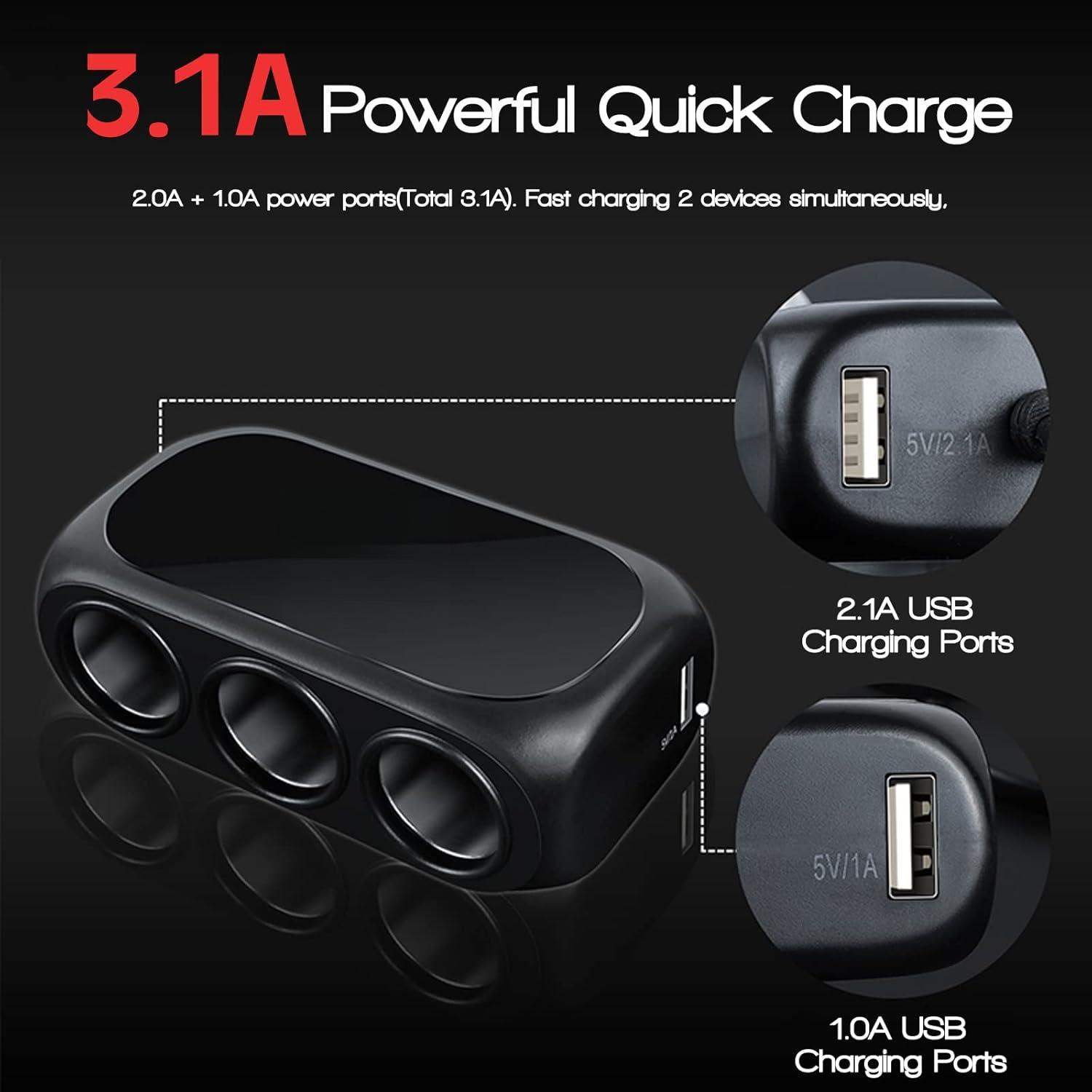 3-Socket Car Cigarette Lighter Splitter Adapter, 2 USB Splitter Extender [120W] [12V/24V] [3.1A Dual USB Car Charger] [Black] for Device with Emergency Warning Light