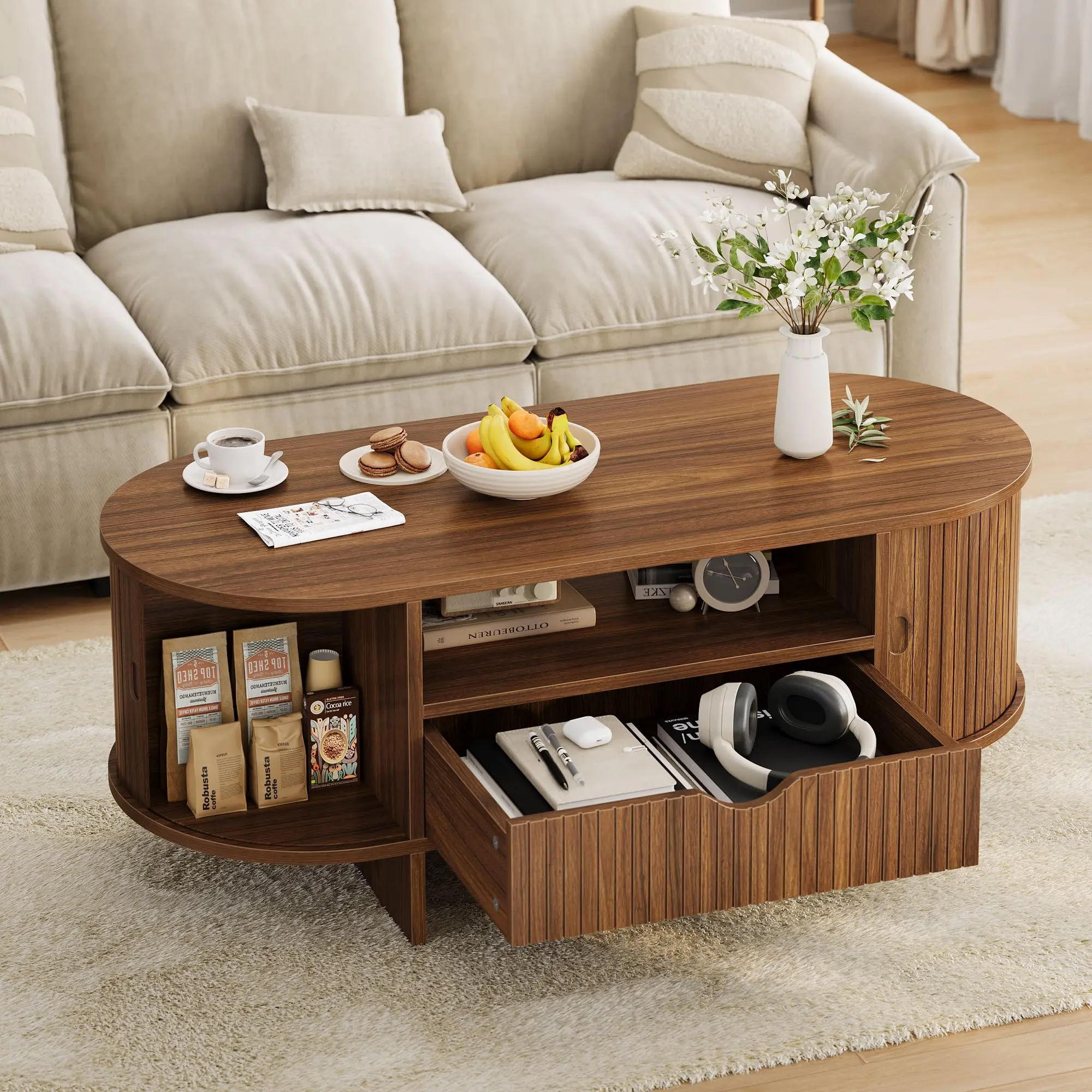 Mid-Century Modern 47" Oval Shape Wood Finish Coffee Table - Fluted Details, Dual Drawers, Sliding Door Storage, Hidden Cabinet, Rounded Edges, Plinth Base - Space-Saving Living Room Furniture