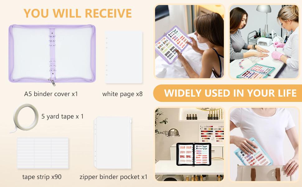 Press On Nail Storage Organizer Binder with 8 Insert Pages - A5 Size Reusable Fake Nail Swatch Collecting Book Polish Color Display Holder Container with Tape and Zipper Pocket (PINK)