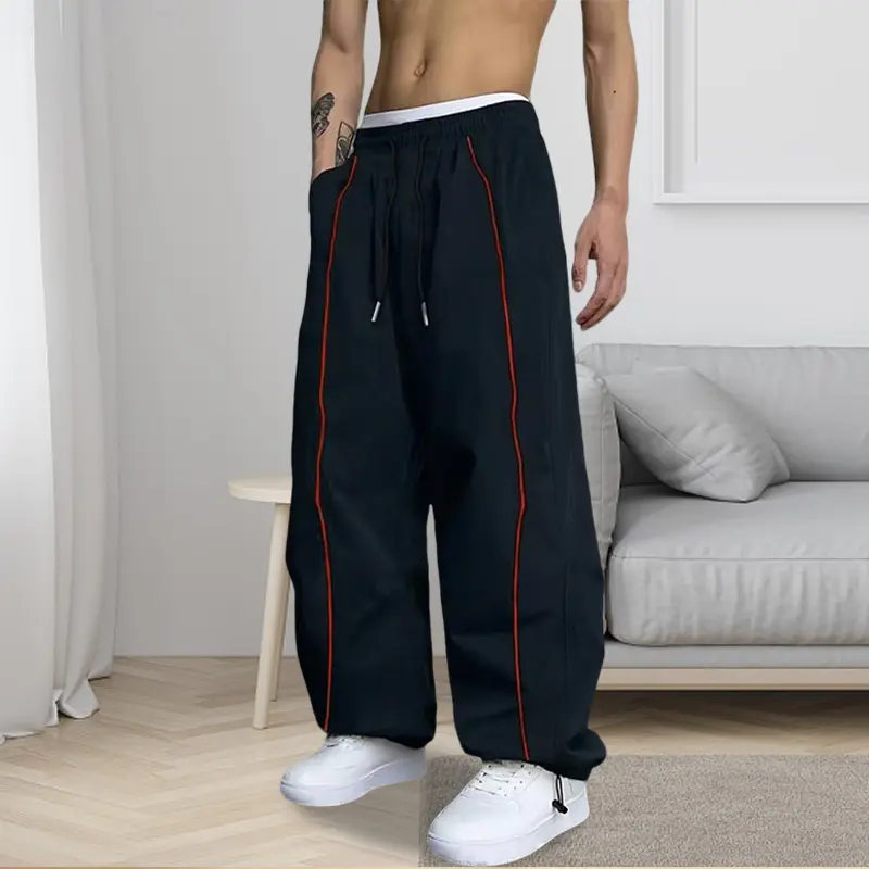 Oversized Wide Leg Men Casual Pants, Breathable Quick Dry Streetwear Trousers, Dual Side Contrast Striped Design, Elastic Double Drawstring Waist, Adjustable Ankle Cuffs for Daily Skate Outfits
