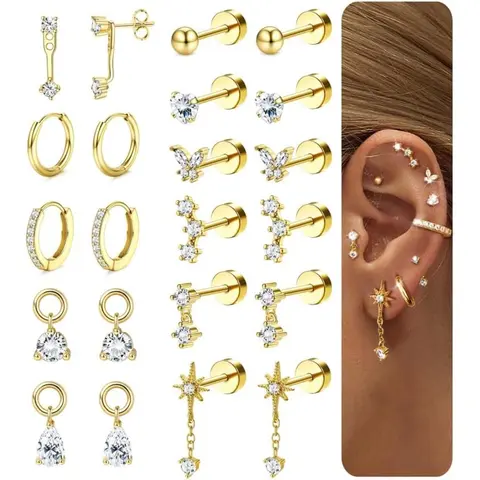 CASSIECA Hypoallergenic 14K Gold Plated Surgical Steel Flat Back Earrings Set, Dainty Stacking Studs & Hoops for Piercings, Helix Piercing Earrings, Cartilage, Tragus, Daily Wear Sohochic