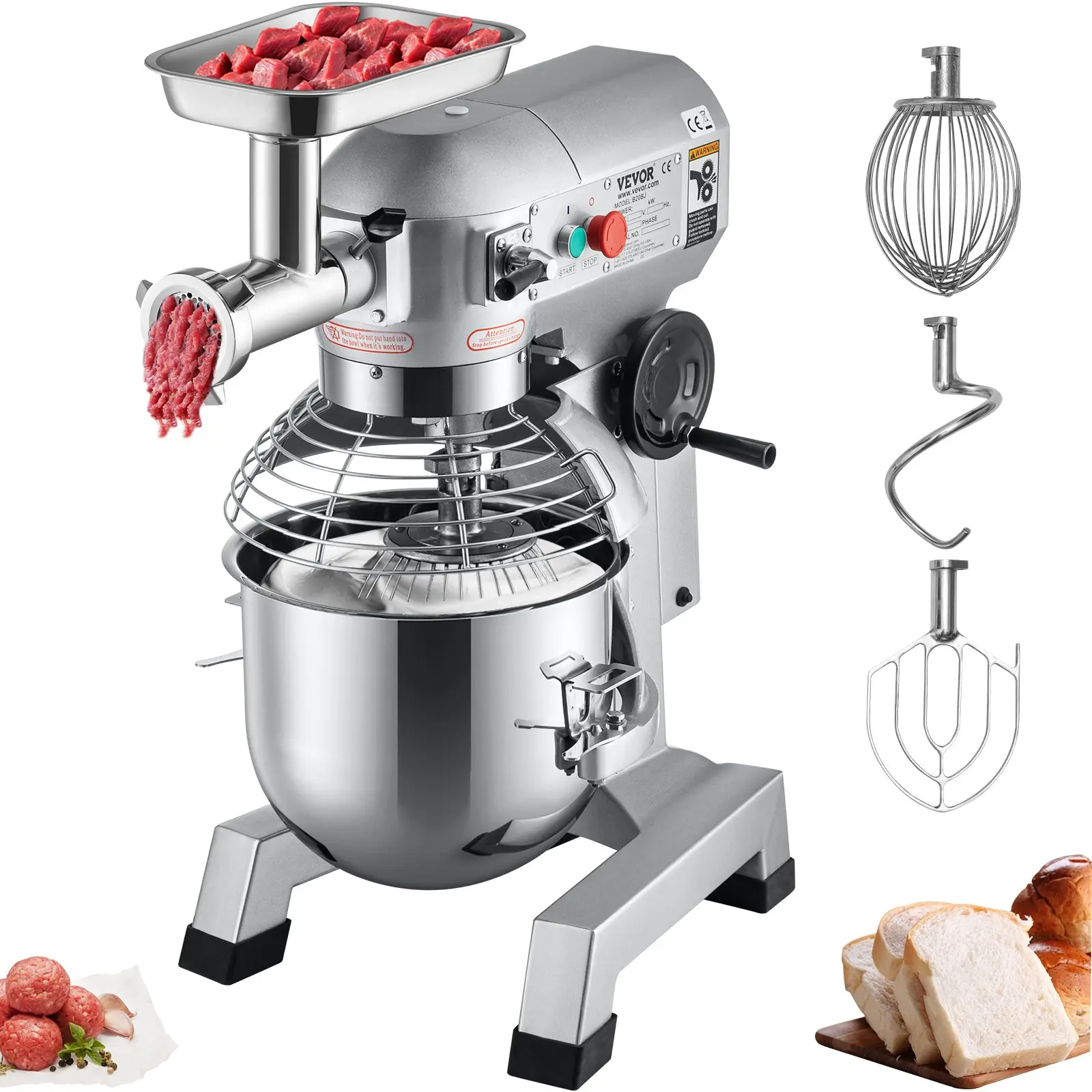 Commercial Stand Mixer, 20Qt Stainless Steel Bowl, 1100W 2 in 1 Multifunctional Electric Food Mixer with Meat Grinder 3 Speeds, Dough Hook Whisk Beater Included, Perfect for Bakery Pizzeria