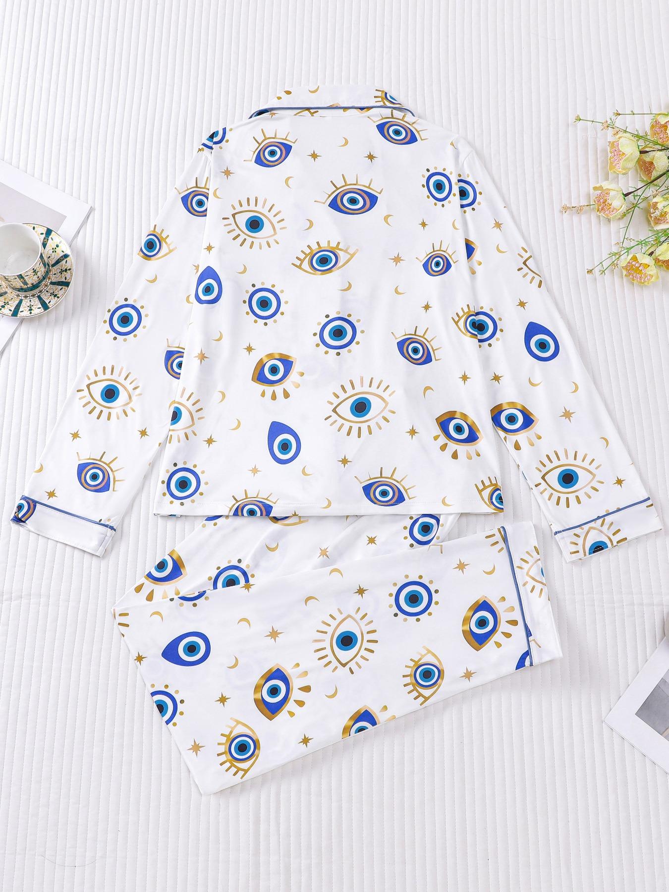 Women's Pajama Set, Long Sleeve Button Front Shirt & Elastic Pants, Comfortable Sleepwear & Loungewear for All Seasons, Casual Home Wear