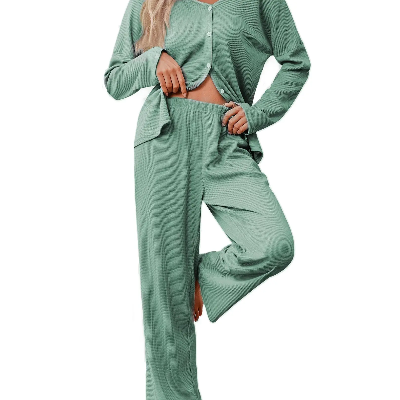 Womens Waffle Knit Pajamas Long Sleeve Lounge Set Button Up Pjs Loungewear with Pockets