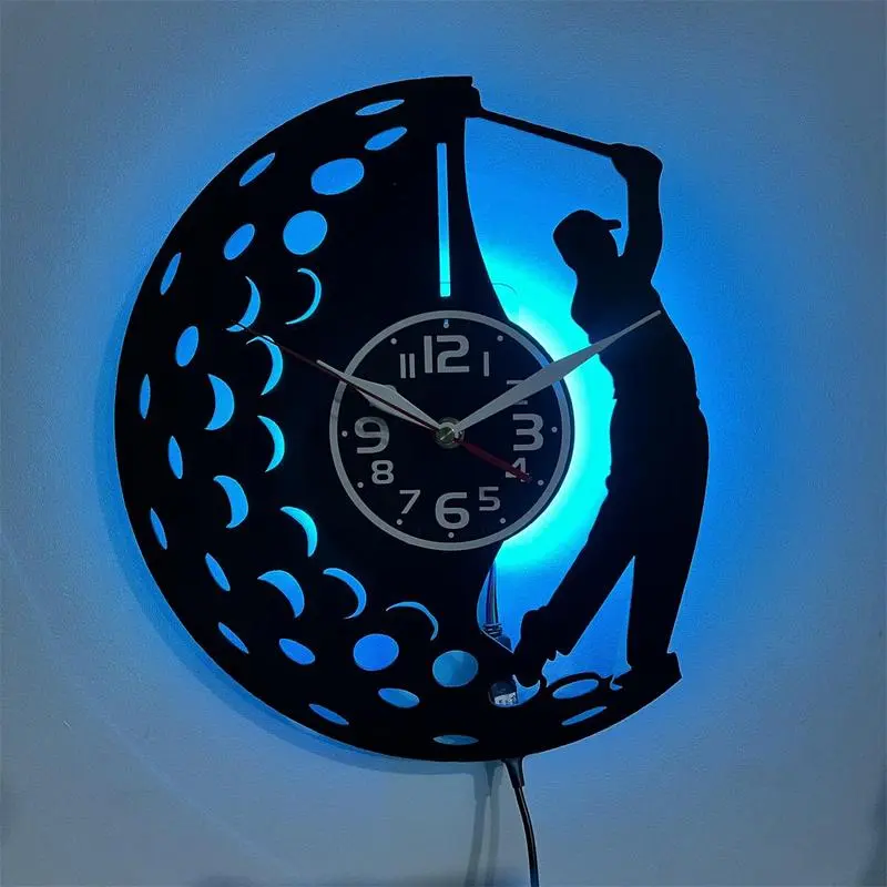 LED Vinyl Wall Clock, Decorative Wall Clock Golf Player Swing Silhouette Golf Ball Pattern RGB Backlit Ambient Lighting Wall Decor Silent Non Ticking Wall Watch Room Decor Gift for Birthday Christmas Housewarming Suitable for Golf Club Man