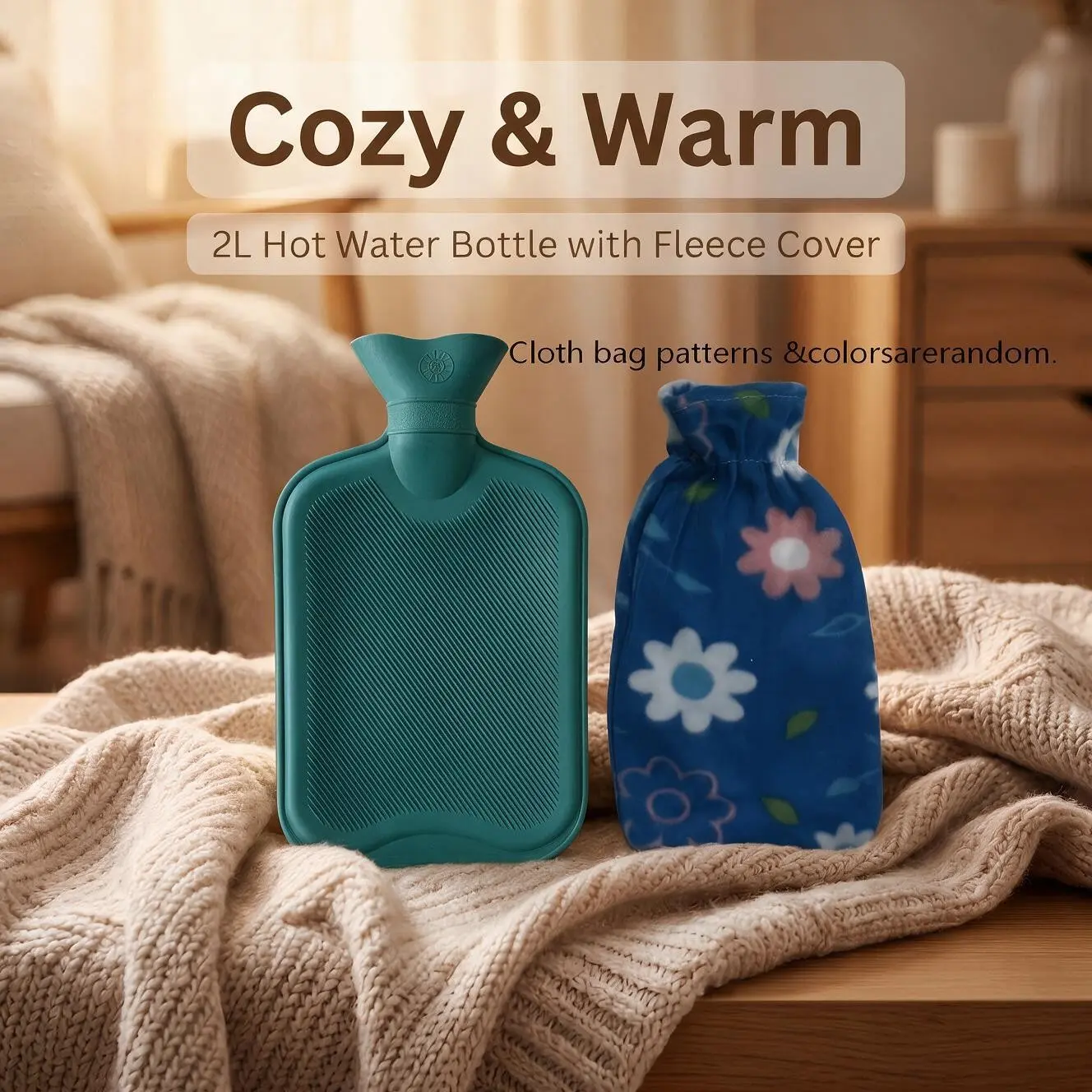 2L Natural Rubber Hot Water Bottle, BPA-Free, Leak-Proof, Pain Relief for Backache, Muscle Ache, Home & Outdoor Use