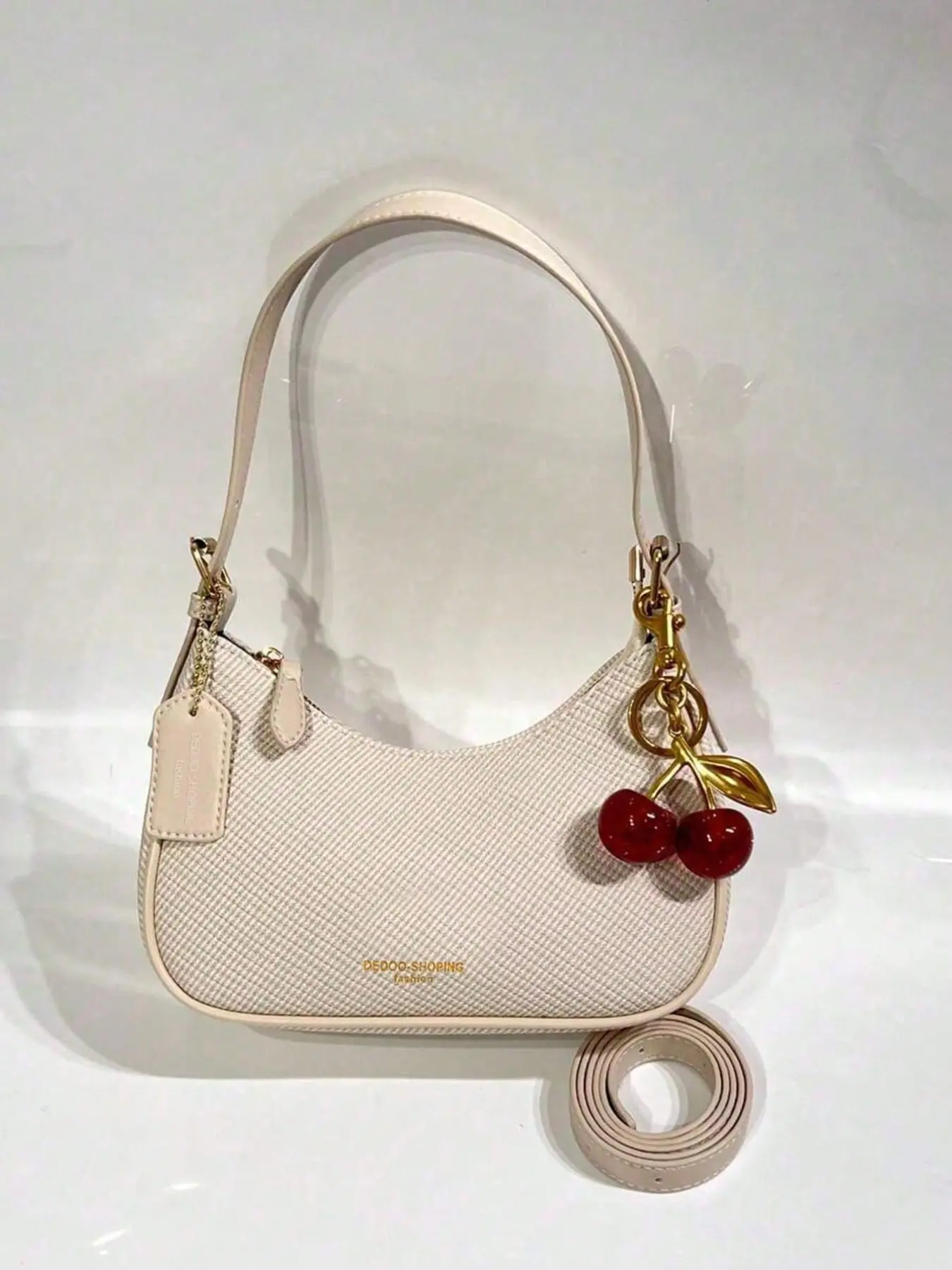 Dual Carry Straps Slim Shoulder Strap Wide Crossbody Strap Everyday Casual Hobo Handbag for All Seasons, Casual Crossbody Bags, Cream Textured Twill Woven Fabric Crescent Underarm Purse with Sparkly Red Cherry Pendant,Suitable for Commuting,Shopping