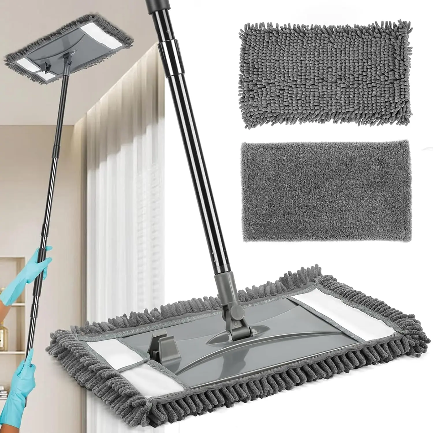 19" Wall Cleaner Mop with Long Handle for Wall Ceilings Floor Cleaning |   Large Wall Duster Mop/ Microfiber Chenille Reusable Pads/Dry Wet Use for Painted Walls/Floor/ Baseboard/ Ceiling